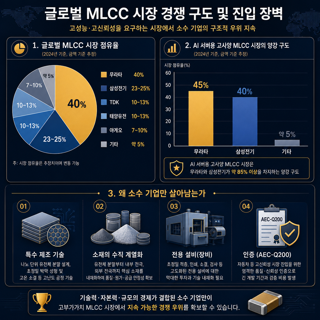 경쟁 구도와 진입장벽을 설명하는 차트. 왼쪽에는 글로벌 MLCC 시장 점유율 파이차트: Murata 40%, 삼성전기 23~25%, TDK 10~13%, Taiyo Yuden 10~13%, Yageo 7~10%, 기타 5% 내외. 오른쪽에는 AI 서버용 고사양 MLCC 듀오폴리 막대그래프: 무라타 45%, 삼성전기 40%, 기타 소수. 하단에는 진입장벽 4요소 아이콘형 도식: 특수 공법, 소재 수직계열화, 장비, 인증(AEC-Q200). 제목 ‘왜 소수 기업만 살아남는가’, 모든 라벨·범례 한글. ★데이터 시각화는 막대·숫자카드만 쓰고 추이 라인차트·중간값 ramp를 만들지 마라(제시된 수치 외 창작 금지).
