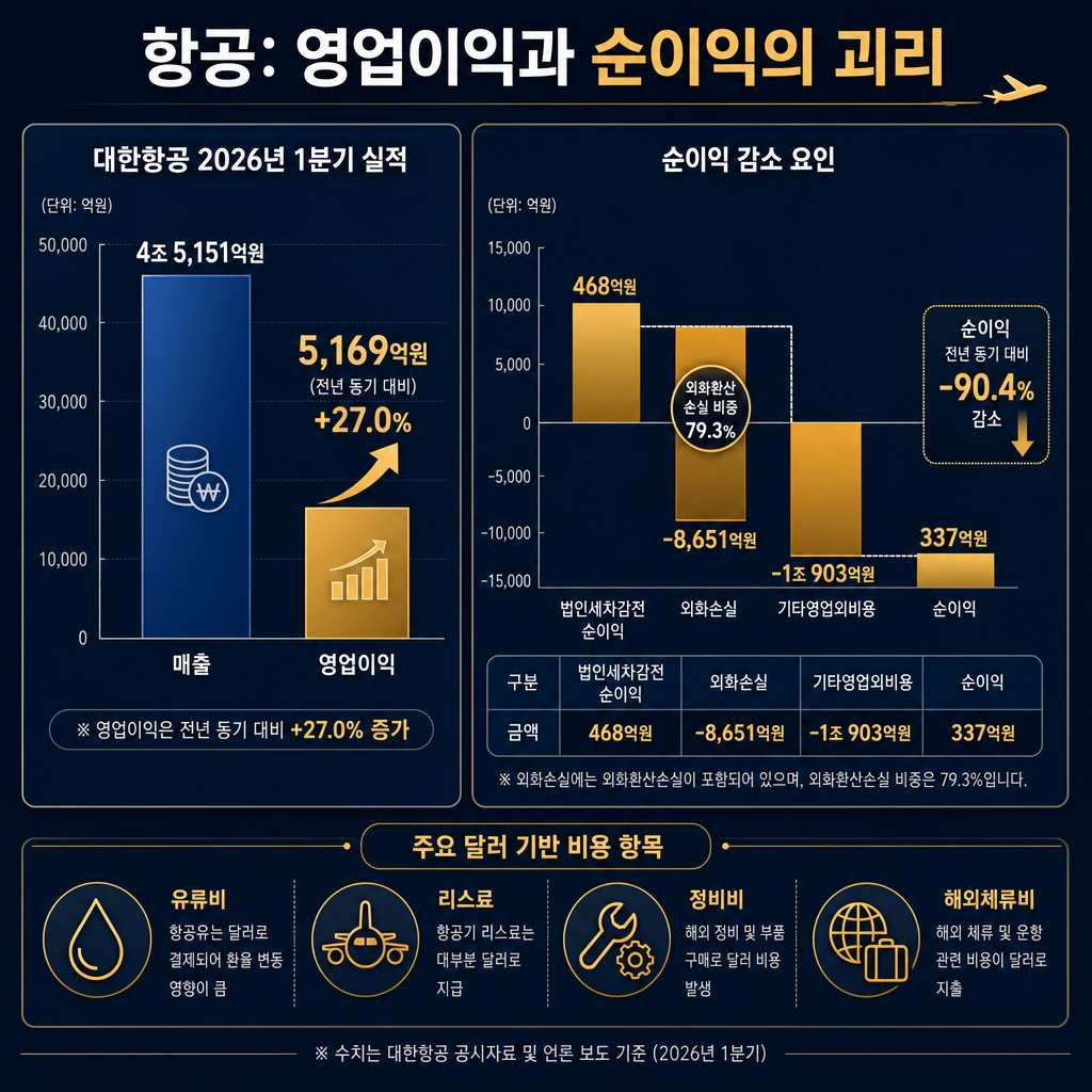 본문용 듀얼 패널 차트. 제목 '항공: 영업이익과 순이익의 괴리'. 좌측에는 대한항공 2026년 1분기 매출 4조5,151억원, 영업이익 5,169억원(또는 5,174억원 기사 기준), 전년 대비 영업이익 증가 표시. 우측에는 외화손실 8,651억원, 기타영업외비용 1조903억원 중 외화환산손실 비중 79.3%, 법인세차감전순이익 468억원, 순이익 337억원, 전년 대비 -90.4%를 워터폴로 시각화. 하단에는 달러 비용 항목 아이콘: 유류비·리스료·정비비·해외체류비. 모든 텍스트 한글.