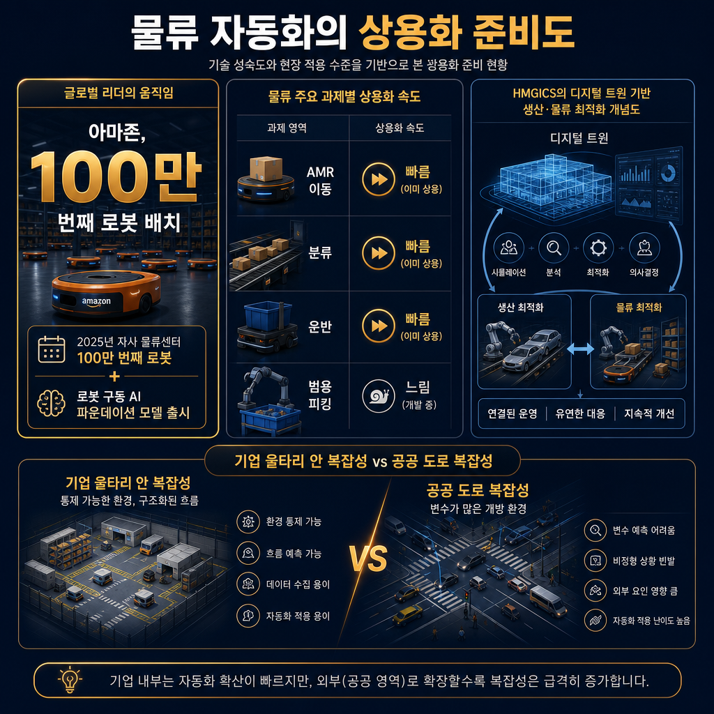 물류 상용화 준비도 전문 인포그래픽. 좌측에 아마존 ‘100만 번째 로봇’ 숫자를 크게 배치하고, 중앙에는 물류 작업을 AMR 이동, 분류, 운반, 피킹으로 나눠 상용화 속도를 가로 막대로 표시. 우측에는 HMGICS 디지털 트윈 기반 생산·물류 최적화 개념도. 하단에는 ‘기업 울타리 안 복잡성 vs 공공 도로 복잡성’ 비교 미니 다이어그램. 모든 라벨·범례 한글.