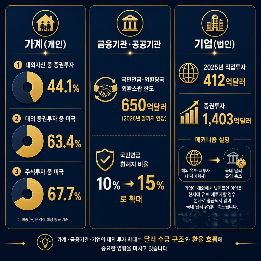 자본유출 주체 분해 인포그래픽. 세 세로 패널: 가계·기관·기업. 가계 패널 '대외자산 중 증권투자 44.1%'·'대외 증권투자 중 미국 63.4%'·'주식투자 중 미국 67.7%'(원형 비율). 기관 패널 '국민연금·외환당국 외환스왑 한도 650억달러(2026년 말까지 연장)'·'국민연금 환헤지 비율 10%→15%로 확대'(딱 두 숫자 10과 15만 표기·30이나 45 같은 다른 숫자나 임의 막대 절대 금지). 기업 패널 '2025년 직접투자 412억달러'·'증권투자 1,403억달러'·'해외 유보·재투자 시 국내 달러 유입 축소' 메커니즘. ★가이드에 없는 수치·비율·추이 막대를 지어내지 말 것. 모든 라벨·범례 한글.