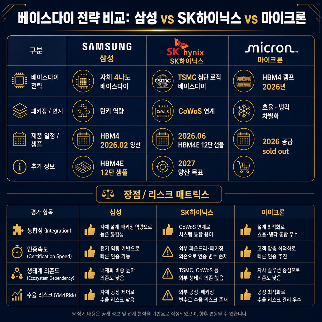 본문용 비교 대시보드. 제목 "베이스다이 전략 비교: 삼성 vs SK하이닉스 vs 마이크론". 3열 비교표 구성. 삼성: 자체 4나노 베이스다이, 턴키 역량, HBM4 2026.02 양산, HBM4E 12단 샘플. SK하이닉스: TSMC 첨단 로직 베이스다이, CoWoS 연계, 2026.06 HBM4E 12단 샘플, 2027 양산 목표. 마이크론: HBM4 램프 2026년, 효율·냉각 차별화, 2026 공급 sold out. 하단에는 장점/리스크 매트릭스: 통합성·인증속도·생태계 의존도·수율 리스크. 모든 텍스트 한글.