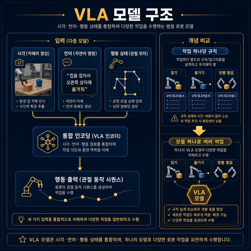 VLA 모델 구조 설명도. 상단 입력 3개 시각(카메라 영상), 언어(자연어 명령), 행동 상태(관절 위치)를 표시하고 중앙에서 통합 인코딩 후 하단 행동 출력(관절 동작 시퀀스)으로 연결. 우측 보조 패널에 작업 하나당 규칙에서 모델 하나로 여러 작업으로 전환되는 개념 비교. 예시 작업 아이콘은 집기·옮기기·양팔 협업 3개. 모든 텍스트 한글.