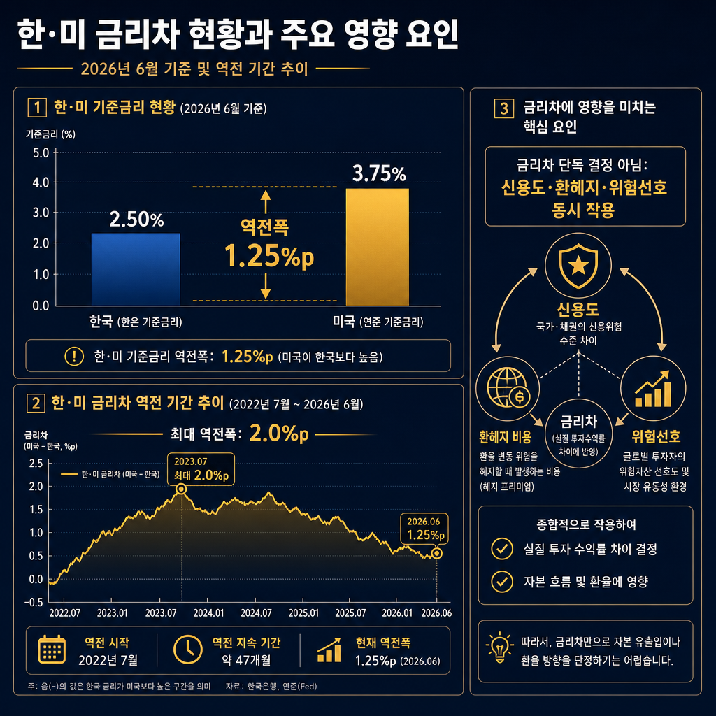 한미 금리차 설명 차트. 상단에 2026년 6월 한국 2.50%, 미국 3.75% 막대그래프와 '역전폭 1.25%p' 강조. 하단에는 2022년 7월 이후 최근 역전기 최대 2.0%p 타임라인 표기. 오른쪽 보조 패널에는 '금리차 단독 결정 아님: 신용도·환헤지·위험선호 동시 작용' 3요소 다이어그램. 모든 축·라벨·주석 한글.