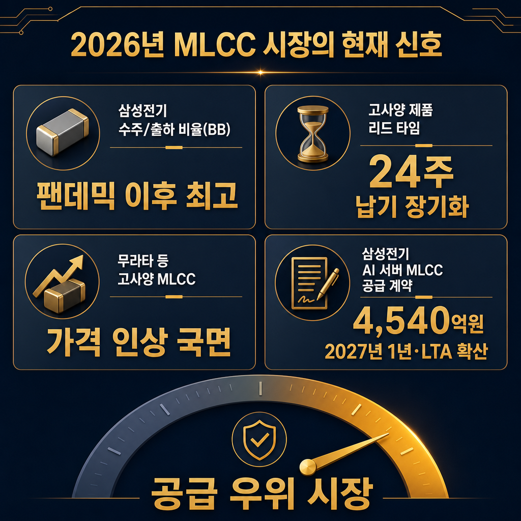 2026년 현재 시장 상황을 정리한 대시보드형 인포그래픽. 4개 핵심 지표 카드 배치: 삼성전기 수주·출하비율(BB) 팬데믹 이후 최고, 하이엔드 리드타임 24주, 무라타 등 고사양 MLCC 가격 인상 국면, 삼성전기 AI 서버 MLCC 공급계약 4,540억원/2027년 1년. 각 카드 아래에 짧은 의미 설명: 주문>출하, 납기 장기화, 전략 제품 가격 강세, LTA 확산. 오른쪽 하단에는 ‘공급 우위 시장’이라는 종합 게이지. 제목 ‘2026년 MLCC 시장의 현재 신호’, 모든 라벨·범례 한글. ★데이터 시각화는 막대·숫자카드만 쓰고 추이 라인차트·중간값 ramp를 만들지 마라(제시된 수치 외 창작 금지).