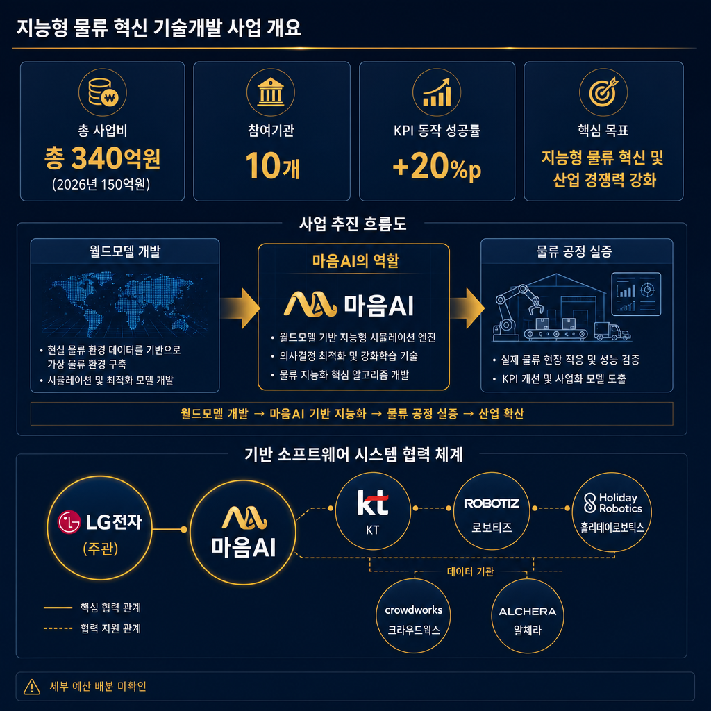 월드모델·파운데이션 SW 단계 인포그래픽. 중앙에 마음AI 박스를 두고 좌측에서 '월드모델 개발', 우측에서 '물류 공정 실증' 화살표 연결. 상단에는 정부 사업 구조: 총 340억원, 참여기관 10개, KPI 동작 성공률 +20%p를 카드형 수치로 배치. 하단에는 LG전자-마음AI-KT-로보티즈-홀리데이로보틱스-데이터 기관을 잇는 소프트웨어 스택 협업 구조도. 세부 예산 배분 미확인은 회색 각주 박스로 표시. 모든 텍스트 한글.
