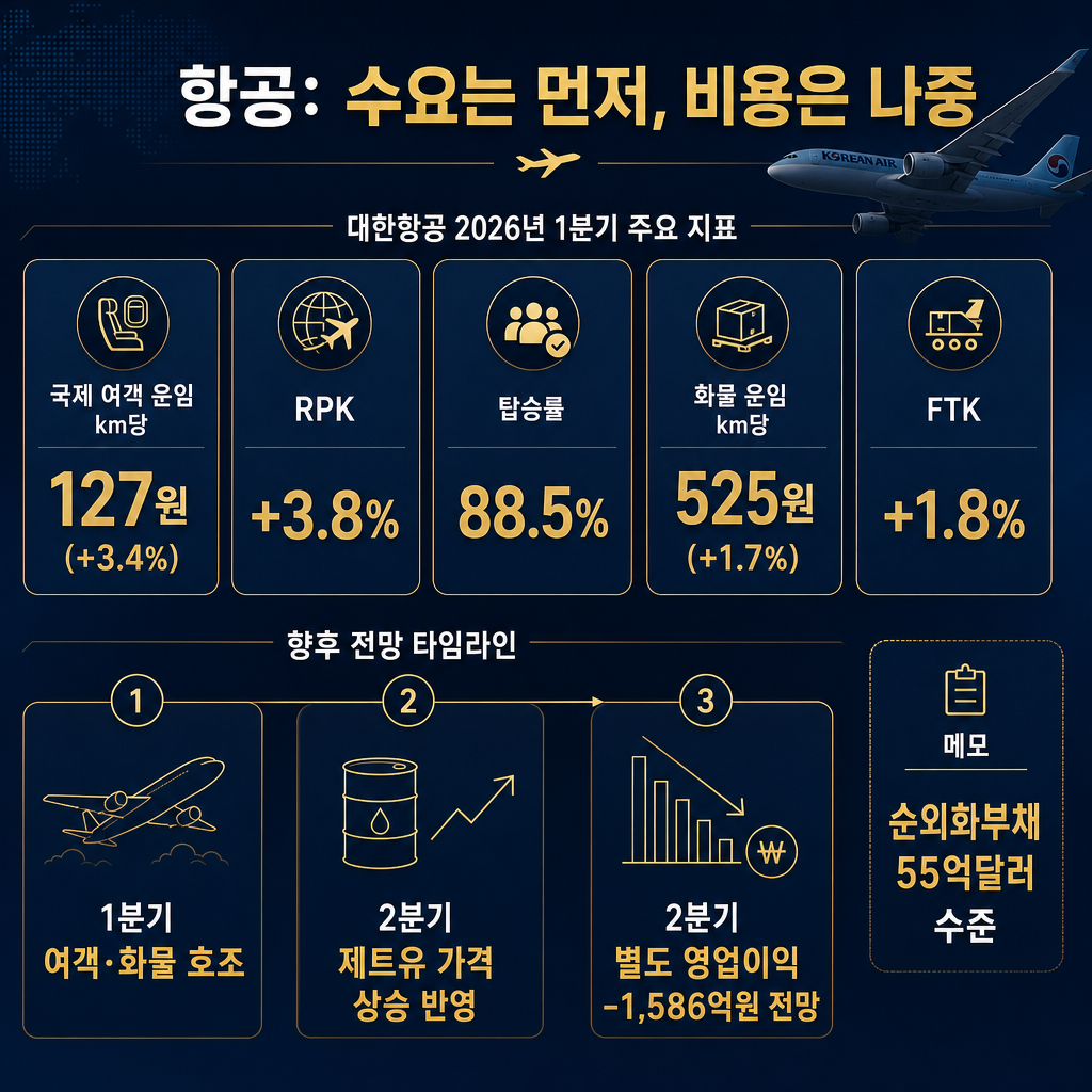 본문용 시차 메커니즘 차트. 제목 '항공: 수요는 먼저, 비용은 나중'. 상단 선그래프는 1Q26 대한항공 국제 여객 운임 127원, RPK +3.8%, 탑승률 88.5%, 화물 운임 525원, FTK +1.8%를 표시. 하단에는 1Q 호조 → 2Q 제트유 가격 상승 반영 → 2Q 영업이익 -1,586억원 전망의 타임라인. 우측에는 '외화부채 55억달러 수준' 박스 메모. 모든 축·라벨·주석 한글.