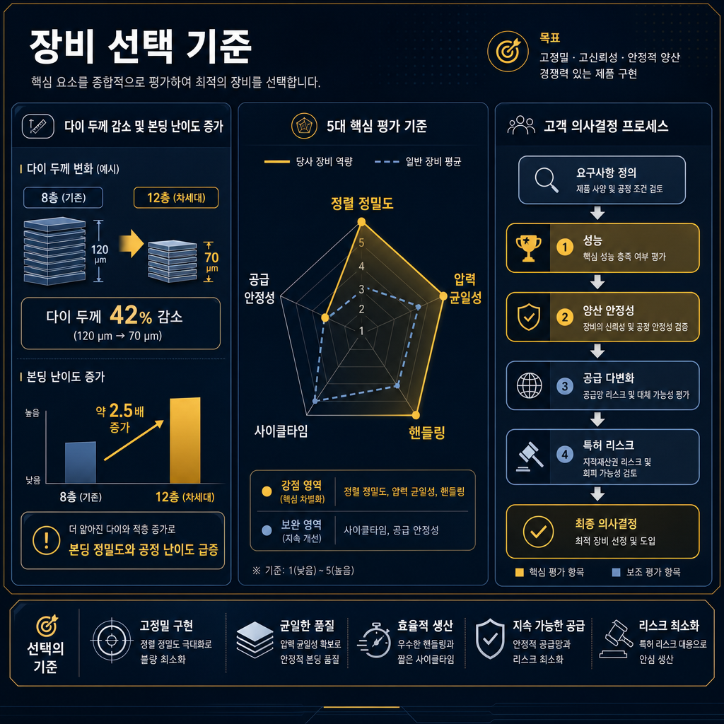 본딩 장비 선택 기준 대시보드형 차트. 중앙에 5축 레이더 차트 '정렬 정밀도, 압력 균일성, 핸들링, 사이클타임, 공급 안정성'. 좌측에는 8단 대비 12단에서 다이 두께 얇아짐과 가접합 난도 상승 도식. 우측에는 고객사 의사결정 플로우 '성능→양산 안정성→공급 다변화→특허 리스크' 흐름도. 모든 텍스트 한글. 강조 축은 amber, 나머지는 navy/slate gray.