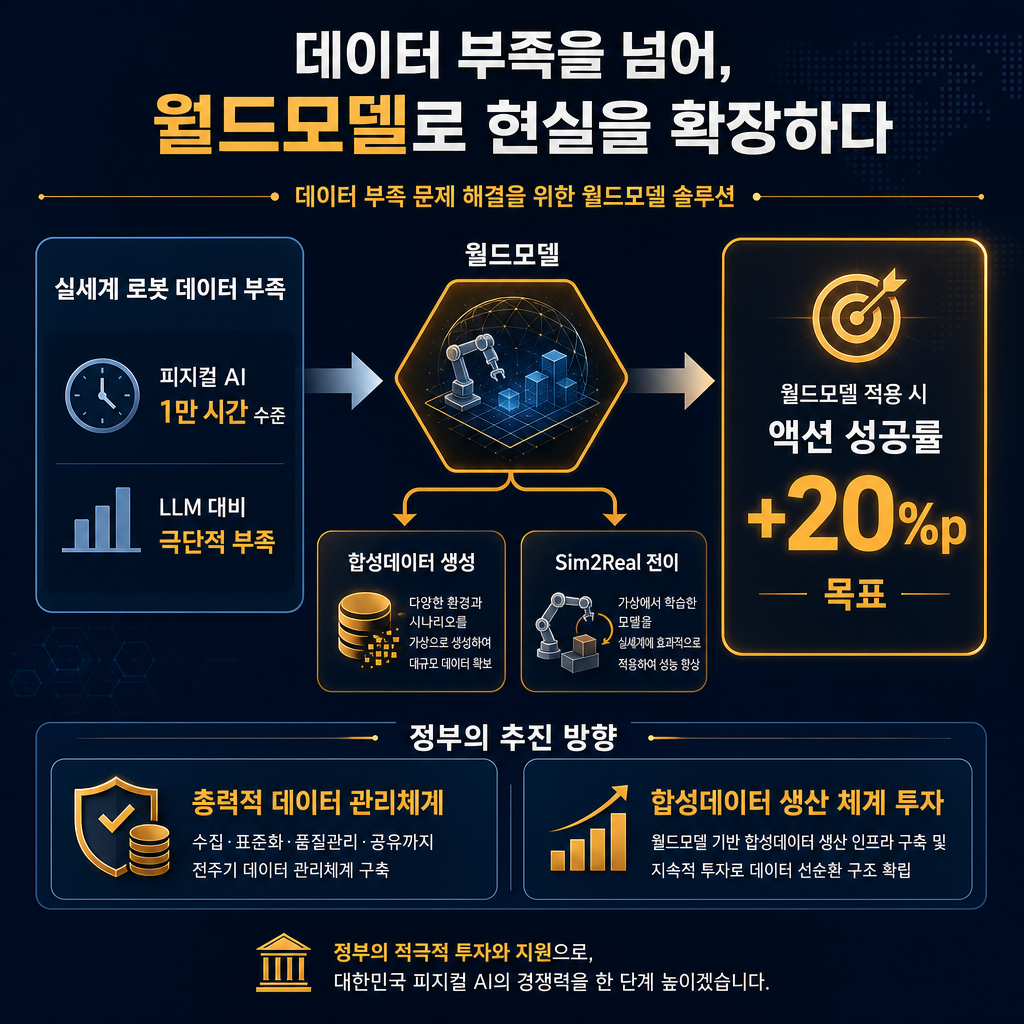 데이터 부족과 월드모델 해결 구조 인포그래픽. 좌측에 실세계 로봇 데이터 부족 문제 박스와 수치 피지컬 AI 1만 시간 수준, LLM 대비 극단적 부족 표기. 중앙에 월드모델과 합성데이터 생성, Sim2Real 전이 흐름. 우측에 월드모델 적용 시 액션 성공률 +20%p 목표 강조. 하단에는 정부의 총력적 데이터 관리체계, 합성데이터 생산 체계 투자 문구 요약. 모든 라벨 한글.