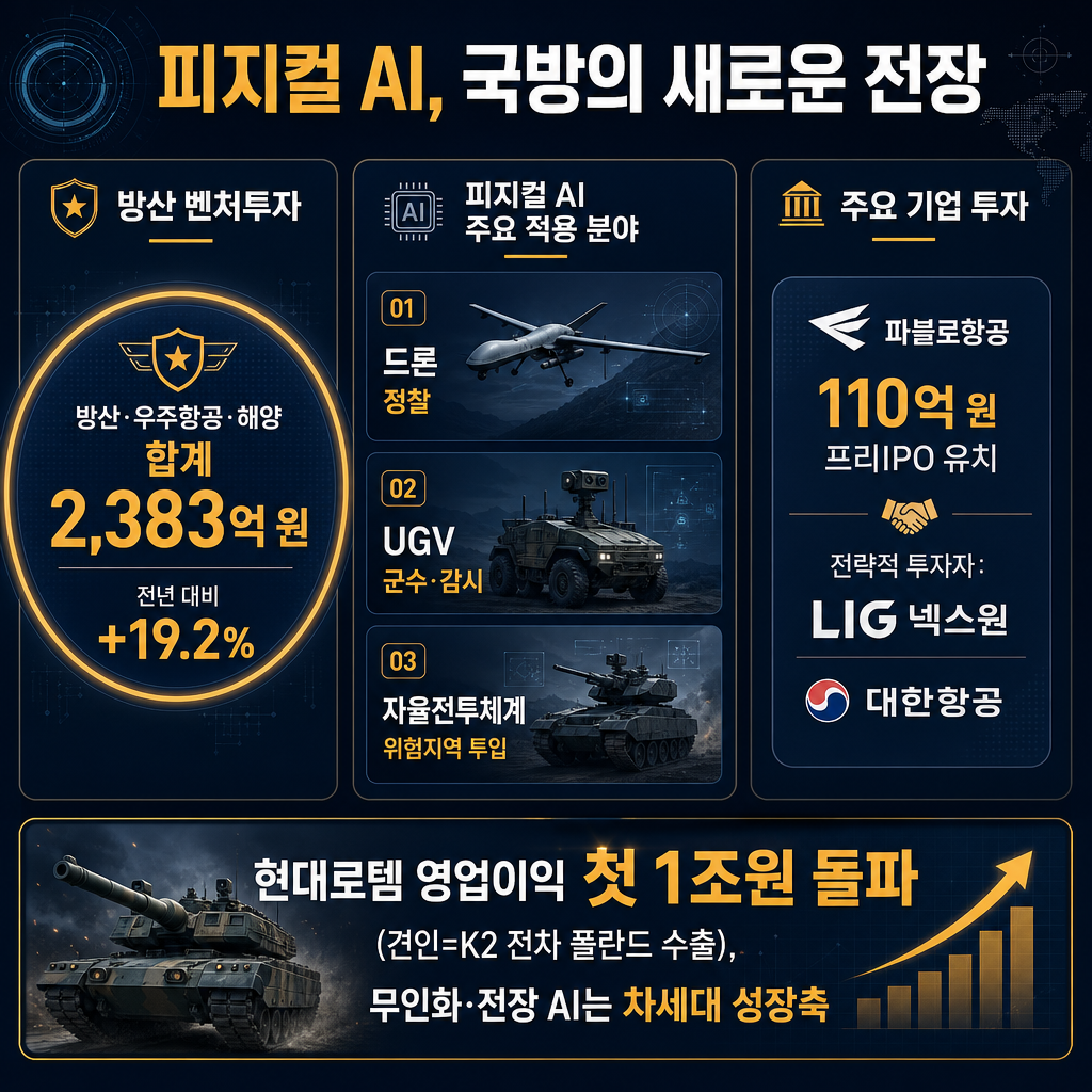 국방 피지컬AI 투자와 사업화 흐름 차트. 좌측 막대그래프로 2024년 대비 2025년 방산·우주항공·해양 벤처투자 19.2% 증가, 2,383억원 표시. 중앙에는 드론·UGV·자율전투체계 적용 영역을 정찰, 군수, 감시, 위험지역 투입으로 분류한 다이어그램. 우측에는 파블로항공 110억원 유치와 LIG넥스원·대한항공 전략적 투자, 하단에는 ‘현대로템 영업이익 첫 1조원 돌파(견인=K2 전차 폴란드 수출), 무인화·전장 AI는 차세대 성장축’ 문구. 모든 텍스트 한글.