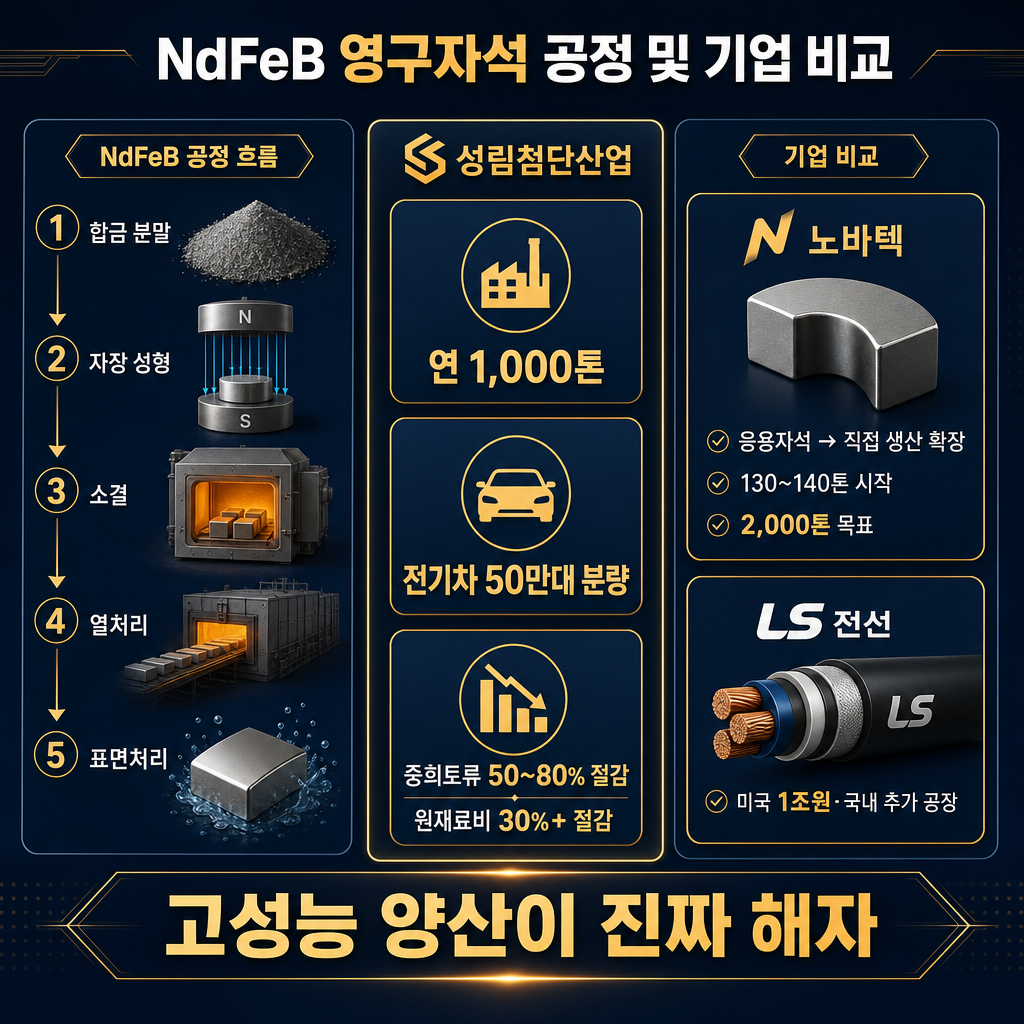 NdFeB 영구자석 단계 종합 인포그래픽. 좌측에는 NdFeB 공정 흐름 ‘합금 분말 → 자장 성형 → 소결 → 열처리 → 표면처리’ 기술 다이어그램. 중앙에는 성림첨단산업 카드형 박스 3개: ‘연 1,000톤’, ‘전기차 50만대 분량’, ‘중희토류 50~80% 절감 / 원재료비 30%+ 절감’. 우측에는 노바텍 ‘응용자석 → 직접 생산 확장, 130~140톤 시작, 2,000톤 목표’와 LS전선 ‘미국 1조원·국내 추가 공장’ 비교 배치. 하단에는 ‘고성능 양산이 진짜 해자’ 문구. 모든 텍스트·주석 한글, 전문 기술 인포그래픽, navy + amber.