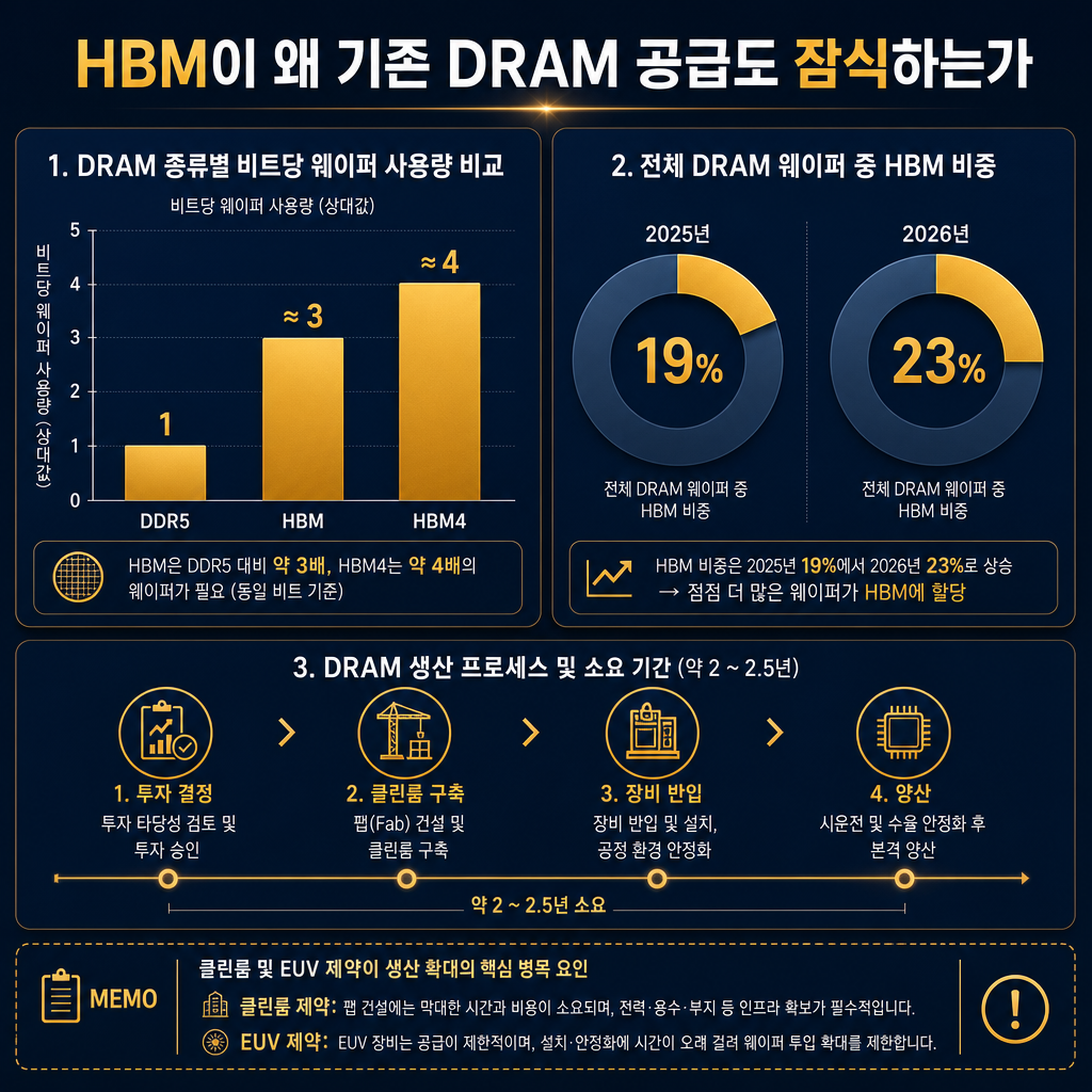 본문 데이터 차트. 제목 HBM이 왜 기존 DRAM 공급도 잠식하는가. 좌측 막대그래프에 비트당 웨이퍼 사용량: DDR5 = 1, HBM ≈ 3, HBM4 ≈ 4 비교. 우측 도넛차트에 전체 DRAM 웨이퍼 중 HBM 비중 19%(2025) → 23%(2026). 하단 타임라인 투자 결정 → 클린룸 구축 → 장비 반입 → 양산 2~2.5년 표시. 클린룸·EUV 제약 메모 박스 포함. 모든 라벨 한글.
