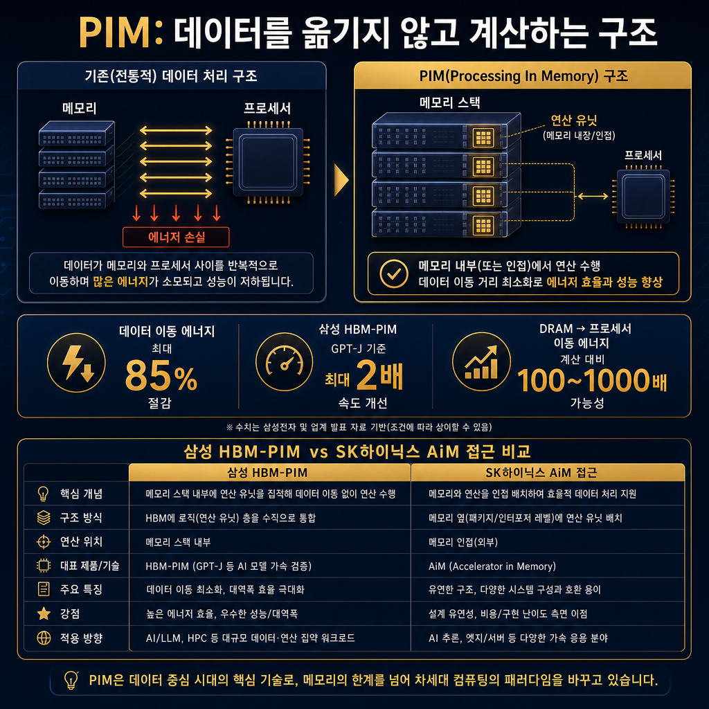 본문용 메커니즘 다이어그램. 제목 "PIM: 데이터를 옮기지 않고 계산하는 구조". 좌측에는 기존 구조 도식: 메모리↔프로세서 간 왕복 화살표 다수, 에너지 손실 강조. 우측에는 PIM 구조: 메모리 스택 내부/인접 연산 유닛 배치, 이동 거리 축소. 하단 수치 박스: 데이터 이동 에너지 최대 85% 절감, 삼성 HBM-PIM GPT-J 최대 2배 속도 개선, DRAM→프로세서 이동 에너지 계산 대비 100~1000배 가능성. 별도 작은 비교 박스에 삼성 HBM-PIM, SK하이닉스 AiM 접근 차이 표시. 모든 라벨 한글.