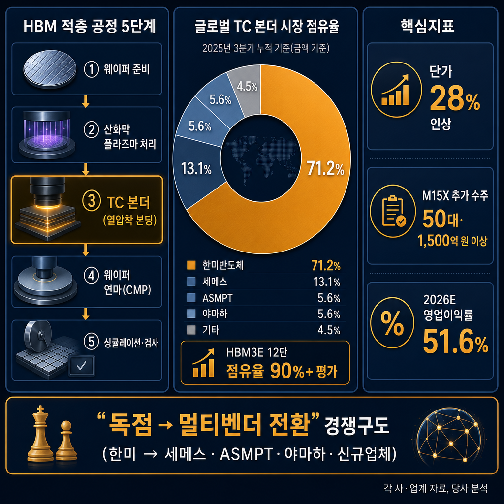 한미반도체 단일 심층 인포그래픽. 좌측에 HBM 적층 공정 단순 도식으로 TC 본더 위치 표시, 중앙에는 글로벌 TC 본더 점유율 도넛차트(한미 71.2%, 세메스 13.1%, ASMPT 5.6%, 야마하 5.6%, 기타)와 별도 박스 ‘HBM3E 12단 점유율 90%+ 평가’. 우측에는 단가 28% 인상, M15X 추가 수주 50대·1,500억 원 이상, 2026E OPM 51.6%를 큰 숫자로 표시. 하단에는 ‘독점 → 멀티벤더 전환’ 경쟁 구도 화살표. 모든 텍스트·범례·주석 한글.