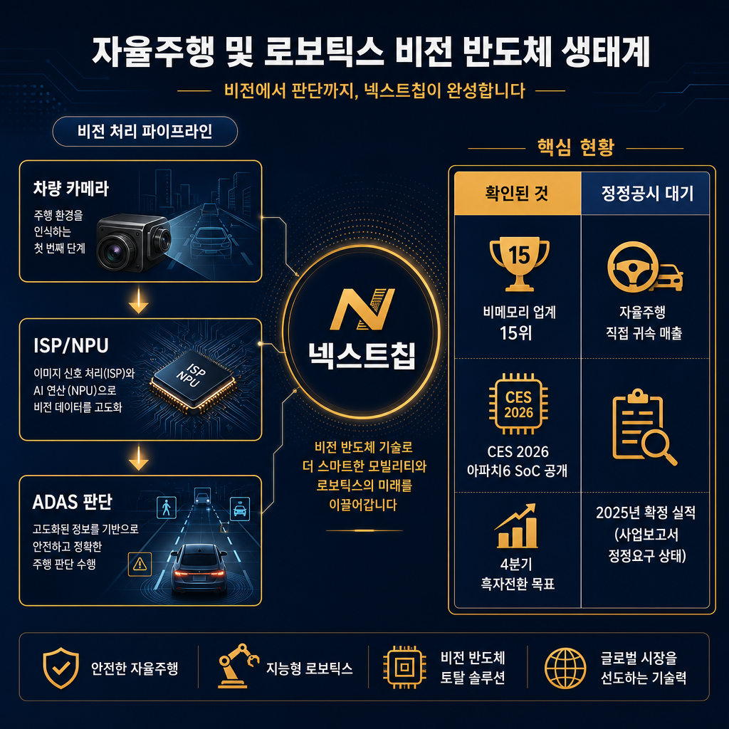 자율주행·로봇 비전 반도체 단계 도표. 좌측에 차량 카메라→ISP/NPU→ADAS 판단으로 이어지는 파이프라인 다이어그램을 그리고, 중앙에 넥스트칩을 배치. 우측에는 '확인된 것'과 '정정공시 대기'를 나누는 2열 표 형식: 확인된 것=비메모리 업계 15위·CES 2026 아파치6 SoC 공개·4분기 흑자전환 목표, 정정공시 대기=자율주행 직접 귀속 매출·2025년 확정 실적(사업보고서 정정요구 상태). 모든 라벨·범례 한글, navy 기반에 amber 강조.