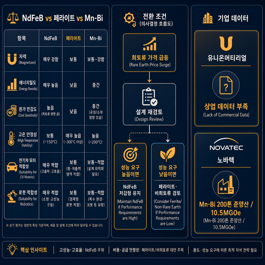 페라이트·비희토류 대체재 비교 인포그래픽. 좌측 표에는 ‘NdFeB vs 페라이트 vs Mn-Bi’ 비교: 자력, 에너지밀도, 원가 민감도, 고온 안정성, 전기차 모터 적합성, 로봇 적합성. 중앙에는 대체 전환 조건 다이어그램 ‘희토류 가격 급등 → 설계 재검토 → 성능 요구 높음이면 NdFeB 저감형 유지 / 성능 요구 낮음이면 페라이트·비희토류 검토’. 우측에는 유니온머티리얼은 ‘상업 데이터 부족’, 노바텍은 ‘Mn-Bi 200톤 준양산 / 10.5MGOe’ 카드 표시. 모든 텍스트 한글, 전문 비교표 스타일, navy + amber.