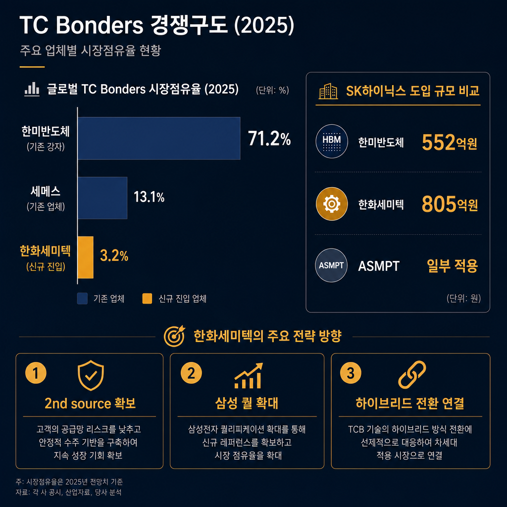 TC본더 경쟁 지형 차트. 막대그래프로 2025년 점유율 '한미반도체 71.2%, 세메스 13.1%, 한화세미텍 3.2%' 표시. 우측에는 SK하이닉스 도입 규모 비교 박스 '한미반도체 552억원, 한화세미텍 805억원, ASMPT 일부 적용'. 하단에는 한화세미텍 전략 포인트 3개 '2nd source 확보, 삼성 퀄 확대, 하이브리드 전환 연결' 정리. 모든 라벨·범례 한글. 1위 막대는 navy, 신규 진입 강조는 amber.