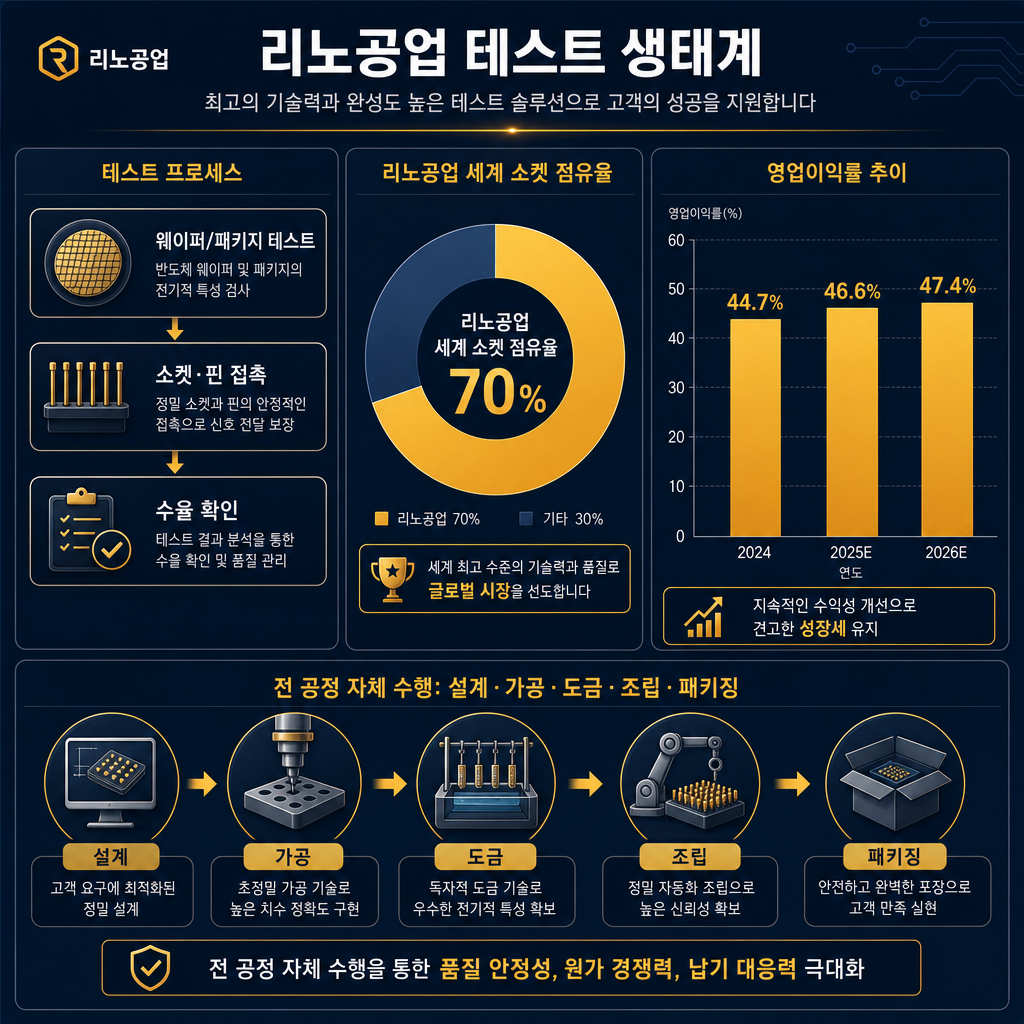 리노공업 테스트 생태계 차트. 좌측에 ‘웨이퍼/패키지 테스트 → 소켓·핀 접촉 → 수율 확인’ 흐름도, 중앙에 리노공업 세계 소켓 점유율 70% 도넛차트, 우측에 영업이익률 추이 2024 44.7%→2025E 46.6%→2026E 47.4% 막대그래프. 하단에는 ‘전 공정 자체 수행: 설계·가공·도금·조립·패키징’ 공급망 내재화 다이어그램. 모든 텍스트·축·범례 한글.