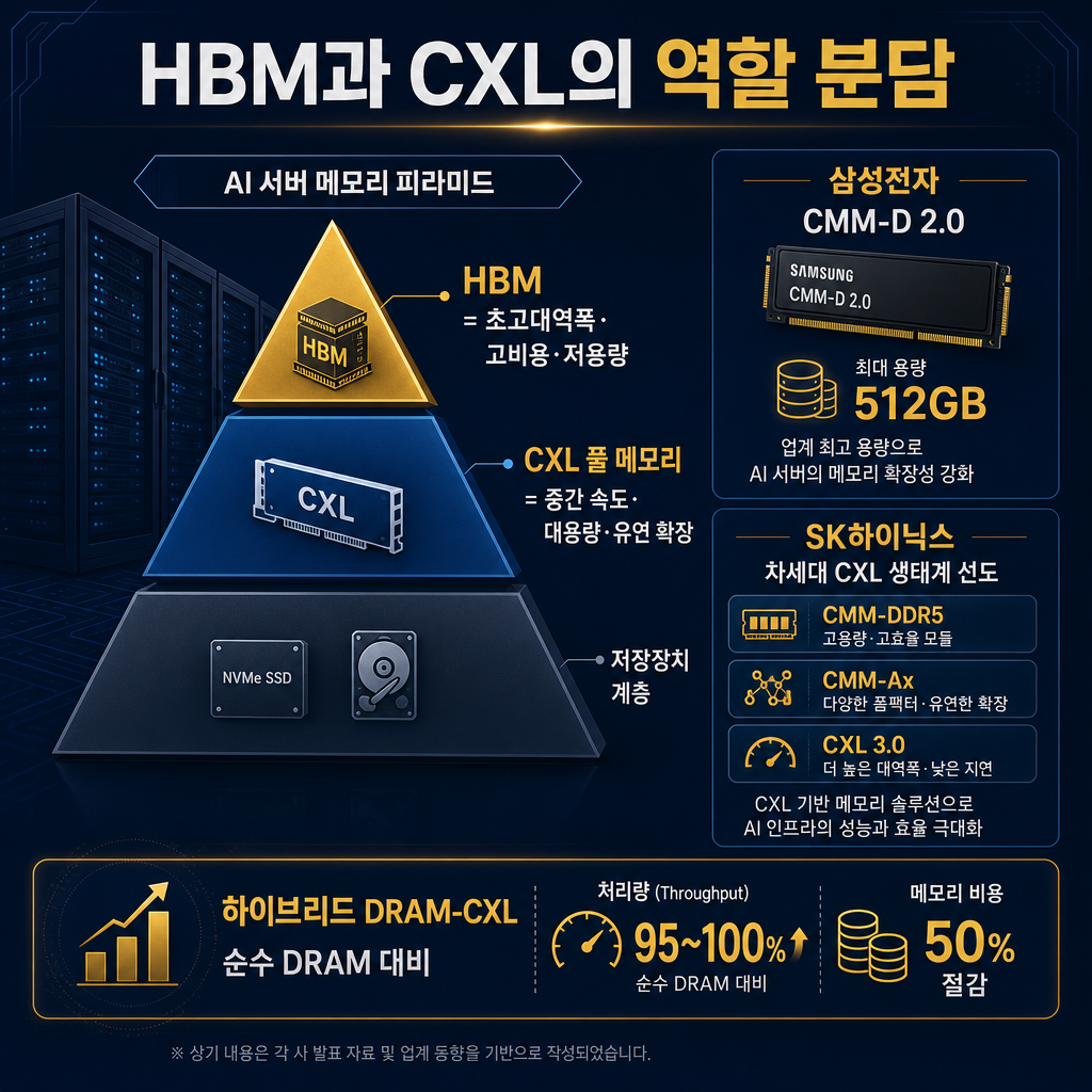 본문용 계층 구조 인포그래픽. 제목 "HBM과 CXL의 역할 분담". 상단에는 AI 서버 메모리 피라미드: 맨 위 HBM=초고대역폭·고비용·저용량, 중간 CXL 풀 메모리=중간 속도·대용량·유연 확장, 하단 저장장치 계층. 우측에는 삼성 CMM-D 2.0 최대 512GB, SK하이닉스 CMM-DDR5·CMM-Ax·CXL 3.0 개발 표시. 하단에는 "하이브리드 DRAM-CXL: 순수 DRAM 대비 95~100% 처리량, 메모리 비용 50% 절감" 데이터 박스. 모든 라벨 한글.