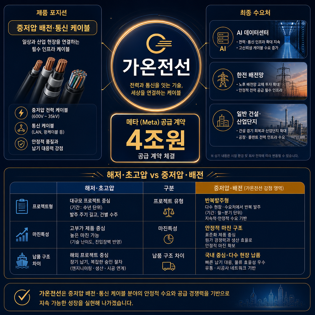 가온전선 중심 인포그래픽. 중앙에 가온전선, 좌측 상단에 제품 포지션 '중저압 배전·통신 케이블', 우측 상단에 '최종 수요처'로 AI 데이터센터, 한전 배전망, 일반 건설·산업단지 배치. 중앙 하이라이트로 메타 4조원 공급 계약 숫자를 크게 표기. 하단에는 '해저·초고압 vs 중저압·배전' 비교표를 넣어 프로젝트형/반복발주형, 마진특성, 납품 구조 차이를 설명. 모든 텍스트와 표 제목 한글, navy+amber 전문 차트 스타일.