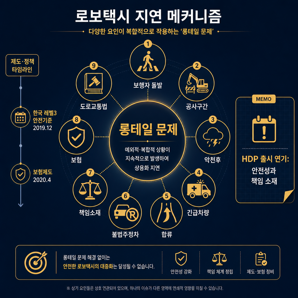 로보택시 지연 메커니즘 도식. 중앙에 ‘롱테일 문제’ 큰 원을 두고 주변에 보행자 돌발, 공사구간, 악천후, 긴급차량, 합류, 불법주정차, 책임소재, 보험, 도로교통법 아이콘을 방사형으로 배치. 좌측에는 ‘한국 레벨3 안전기준 2019.12 / 보험제도 2020.4’ 타임라인, 우측에는 ‘HDP 출시 연기: 안전성과 책임 소재’ 메모 박스. 모든 라벨·범례 한글.