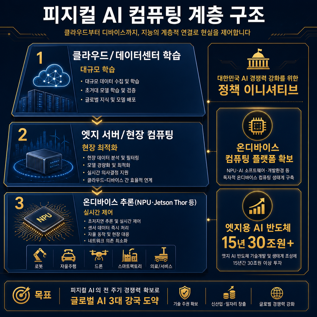 피지컬 AI의 컴퓨팅 계층도. 상단 클라우드/데이터센터 학습, 중단 엣지 서버/현장 컴퓨팅, 하단 온디바이스 추론(NPU·Jetson Thor 등) 3층 구조. 각 층의 역할을 대규모 학습, 현장 최적화, 실시간 제어로 구분. 우측에 한국 정책의 온디바이스 컴퓨팅 플랫폼 확보, 엣지용 AI 반도체 15년 30조원+ 문구 강조. 모든 텍스트 한글.