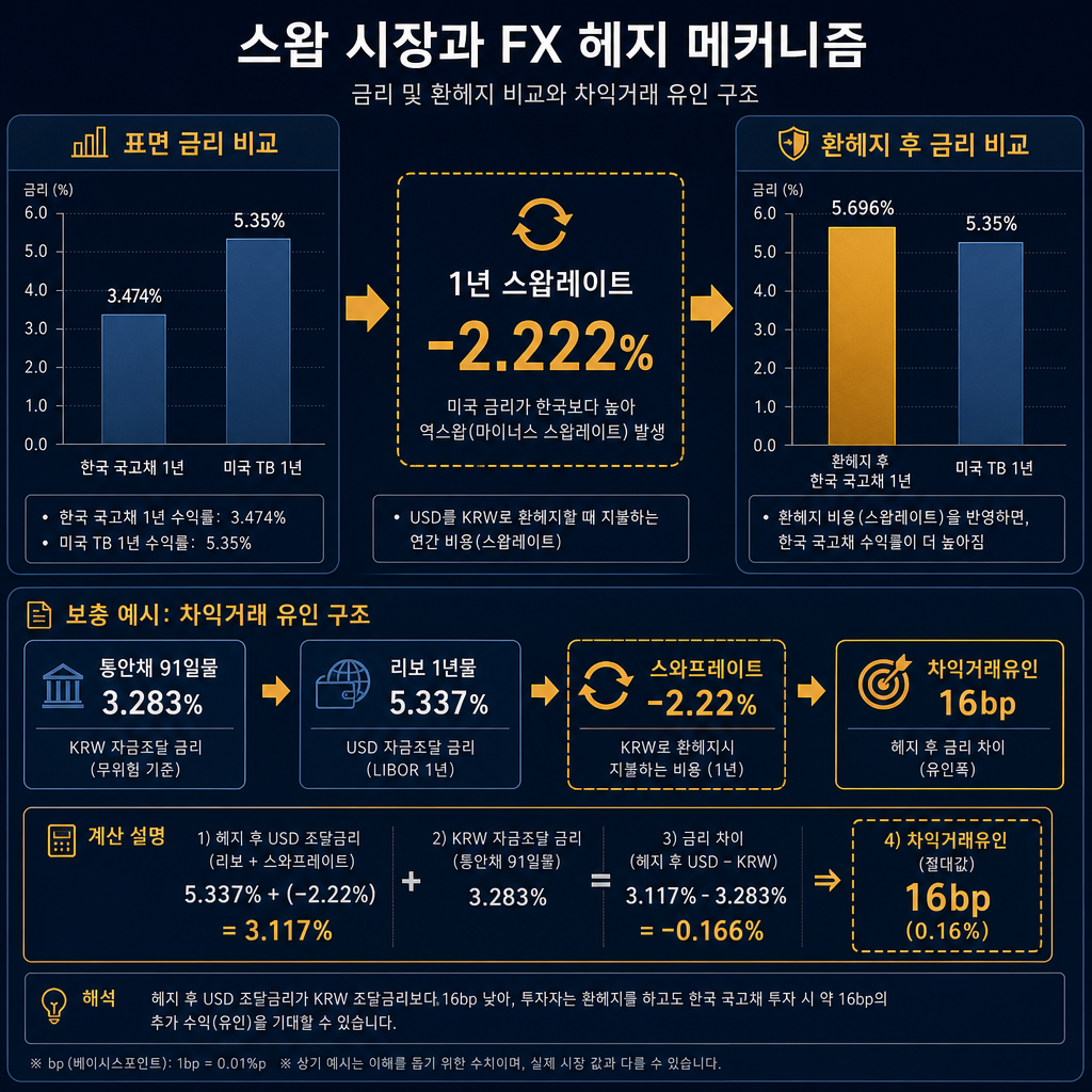 스왑시장·환헤지 메커니즘 전문 도표. 좌측에 '표면 금리 비교'로 한국 3.474%, 미국 5.35%. 중앙에 '1년 스왑레이트 -2.222%' 박스. 우측에 '환헤지 후 한국 국고채 5.696%'와 '미국 TB 1년 5.35%' 비교 막대. 하단 보조 예시로 통안채 91일물 3.283%, 리보 5.337%, 스와프레이트 -2.22%, 차익거래유인 16bp 계산 흐름. 모든 수식 설명과 라벨 한글.