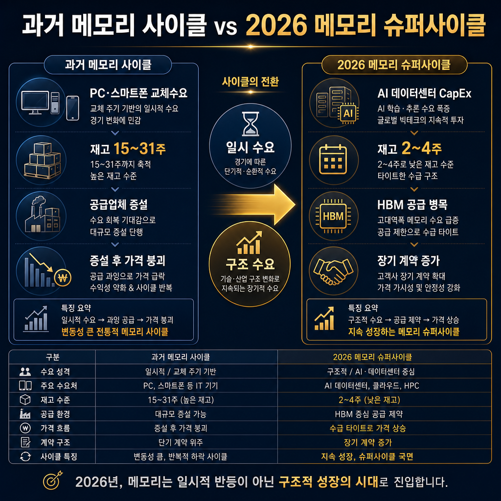 본문 비교 인포그래픽. 제목 과거 메모리 사이클 vs 2026 메모리 슈퍼사이클. 좌측 패널은 과거 구조: PC·스마트폰 교체수요, 재고 15~31주, 증설 후 가격 붕괴. 우측 패널은 현재 구조: AI 데이터센터 CapEx, 재고 2~4주, HBM 공급 병목, 장기 계약 증가. 중앙 화살표로 일시 수요 → 구조 수요 전환 표현. 모든 텍스트 한글.