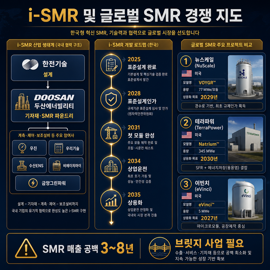 'i-SMR 및 글로벌 SMR 경쟁 지도' 인포그래픽. 중앙에 한국 i-SMR 타임라인 2025 표준설계 완료→2028 표준설계인가→2031 첫 모듈 완성→2034 상업운전→2035 상용화. 좌측에는 한전기술(설계), 두산에너빌리티(기자재·SMR 파운드리), 우진·우리기술·수산ENS·비에이치아이·금양그린파워(계측·제어·보조설비) 연결 구조도. 우측에는 NuScale VOYGR 2029, TerraPower 2030, eVinci 2027 등 글로벌 프로젝트 비교표를 작은 카드로 배치. 하단에 'SMR 매출 공백 3~8년' 경고 바와 '브릿지 사업 필요' 주석. 모든 텍스트 한글.