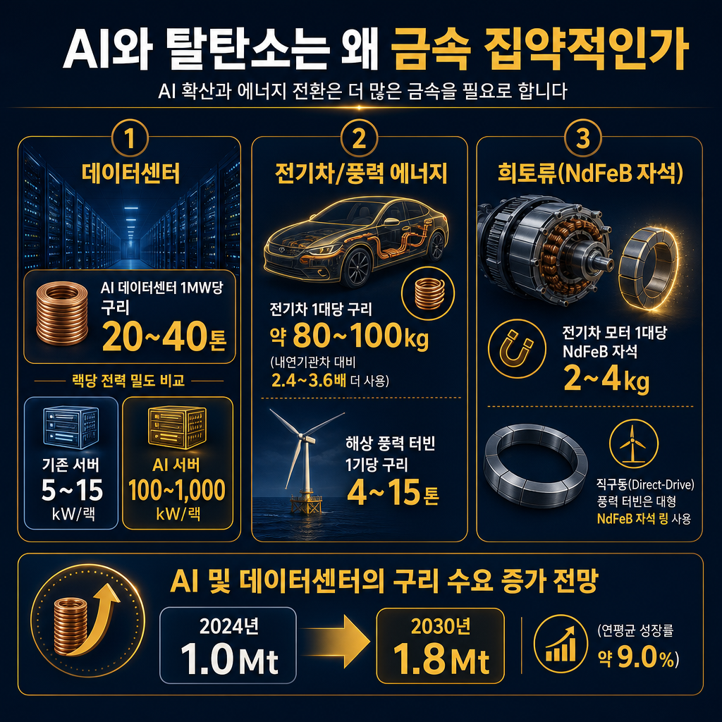본문용 수요 폭증 인포그래픽. 제목 'AI와 탈탄소는 왜 금속 집약적인가'. 좌측 데이터센터 패널: 1MW당 구리 20~40톤, 기존 서버 5~15kW/랙 vs AI 서버 100~1,000kW/랙 비교 막대. 중앙 EV/풍력 패널: 전기차 80~100kg 구리, 내연기관차 대비 2.4~3.6배, 해상풍력 4~15톤 구리/기. 우측 희토류 패널: EV 모터 2~4kg NdFeB 자석, 풍력 직접구동 자석 수요 구조도. 하단에는 AI·데이터센터 구리 수요 2024년 1.0Mt→2030년 1.8Mt 화살표. 모든 라벨 한글.
