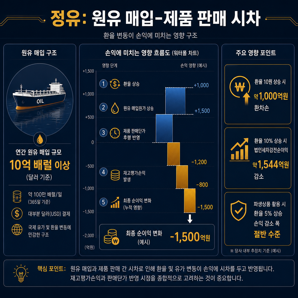 본문용 정유 메커니즘 대시보드. 제목 '정유: 원유 매입-제품 판매 시차'. 좌측에는 연간 원유 10억배럴 이상 달러 수입 구조를 원유 탱커 아이콘과 함께 표기. 중앙 워터폴은 환율 상승 → 원유 매입원가 상승 → 제품 판매단가 후행 반영 → 재고평가손익 발생 → 최종 순이익 변화. 우측 박스에는 '환율 10원 상승 시 약 1,000억원 환차손', '환율 10% 상승 시 법인세차감전순이익 약 1,544억원 감소', '파생상품 활용 시 환율 5% 상승 손익 감소 폭 절반 수준' 수치 표시. 모든 텍스트·범례 한글.