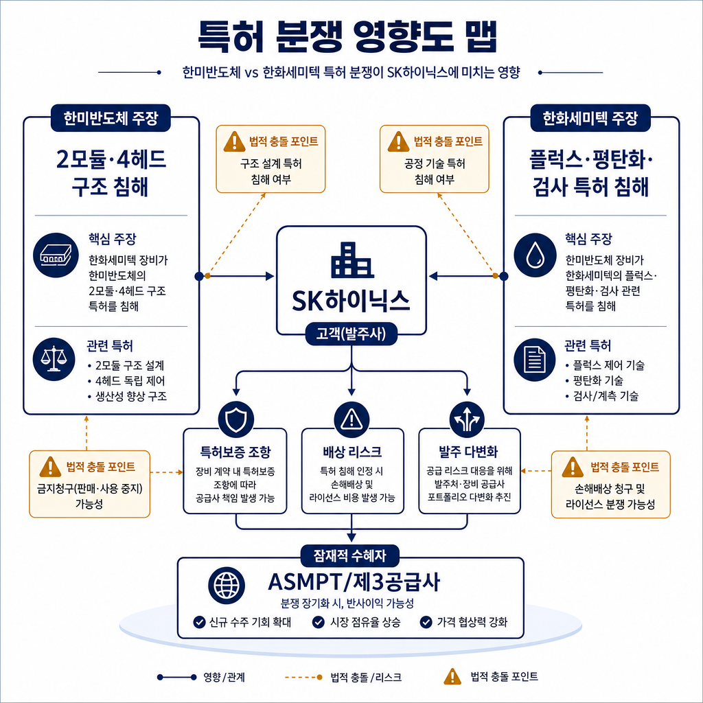 특허 분쟁 영향도 맵. 좌측에 '한미반도체 주장: 2모듈·4헤드 구조 침해', 우측에 '한화세미텍 주장: 플럭스·평탄화·검사 특허 침해'를 대칭 배치. 중앙에는 고객사 박스 'SK하이닉스'와 화살표로 연결해 '특허보증 조항', '배상 리스크', '발주 다변화' 표시. 하단에는 수혜 가능 축으로 'ASMPT/제3공급사'를 배치. 모든 텍스트 한글. 법적 충돌 포인트는 amber, 네트워크는 navy.