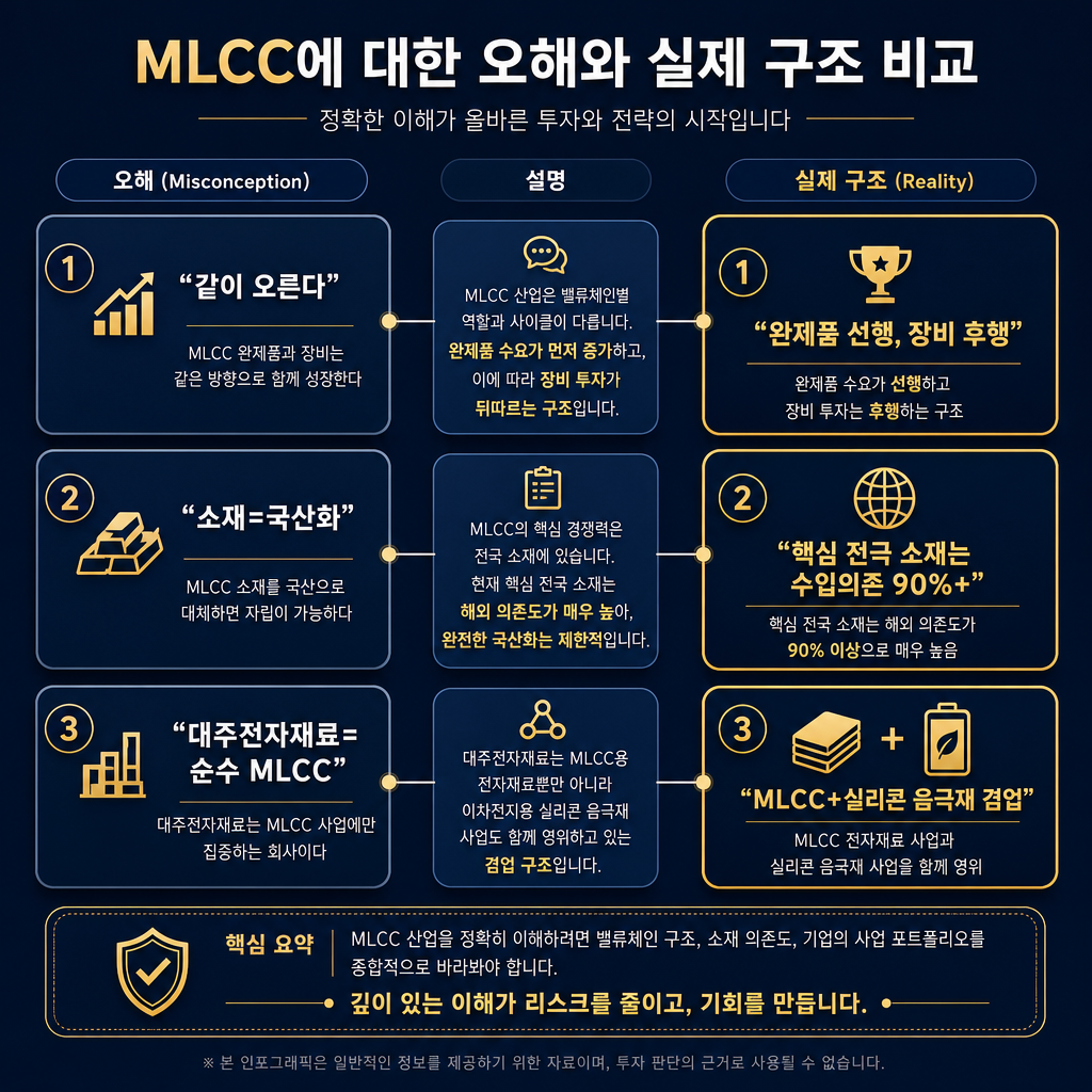 ‘MLCC 관련주 오해 vs 실제 구조’ 비교 인포그래픽. 좌측 열은 오해 3가지, 우측 열은 실제 구조를 연결선으로 설명. 오해1 ‘같이 오른다’→실제 ‘완제품 선행, 장비 후행’. 오해2 ‘소재=국산화’→실제 ‘핵심 전극 소재는 수입의존 90%+’. 오해3 ‘대주전자재료=순수 MLCC’→실제 ‘MLCC+실리콘 음극재 겸업’. 중간에 amber 경고 아이콘이 아닌 차분한 설명 박스 사용. 모든 라벨·범례 한글.
