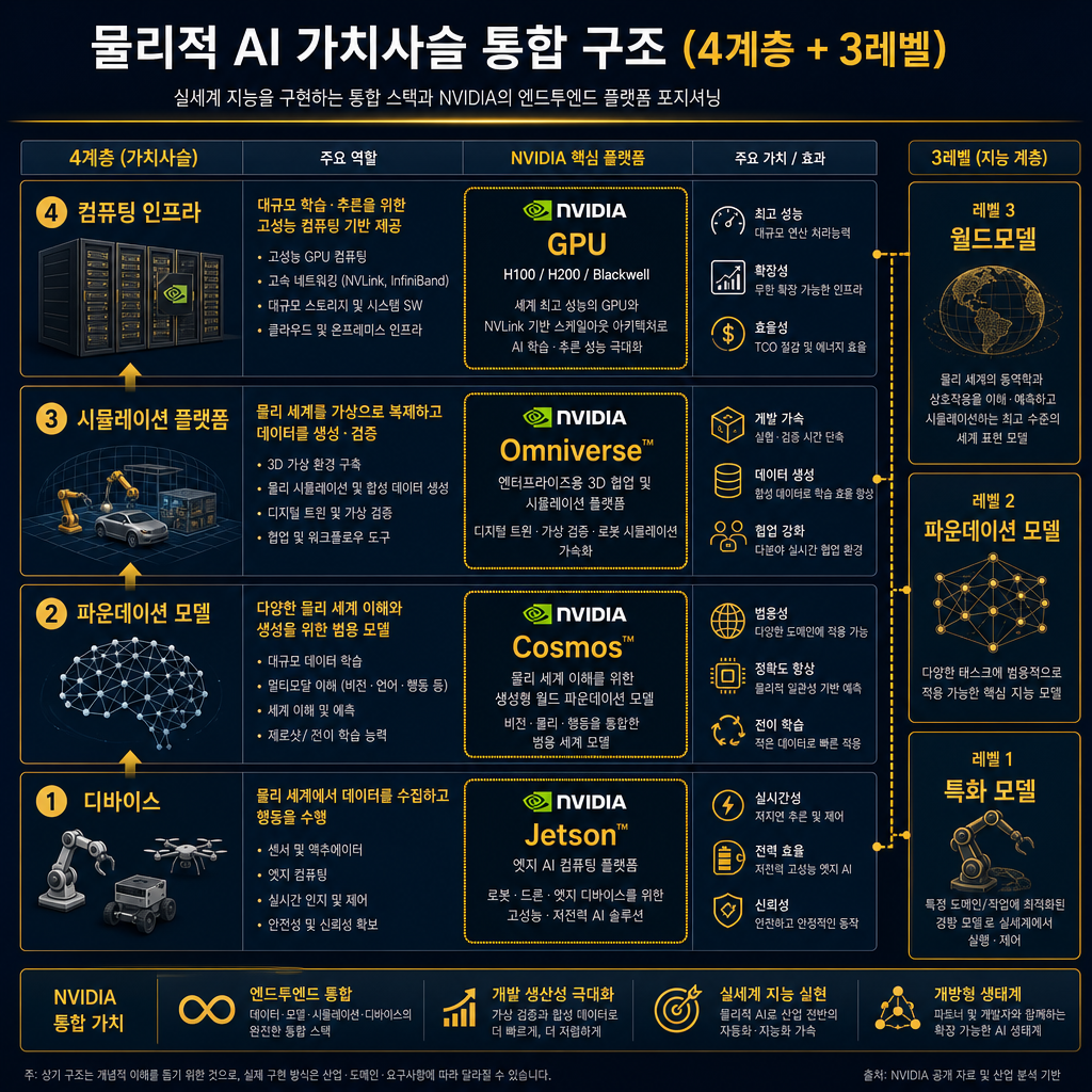 피지컬 AI 밸류체인 4층+3계층 통합 도식. 상단 4층은 컴퓨팅 인프라, 시뮬레이션 플랫폼, 파운데이션 모델, 디바이스로 표현하고, 옆에 3계층 월드모델, 파운데이션 모델, 특화 모델을 대응 매핑. 엔비디아는 GPU·Omniverse·Cosmos·GR00T·Jetson으로 각 층에 걸쳐 표시. 모든 제목·박스 라벨 한글, 컨설팅 보고서 스타일.