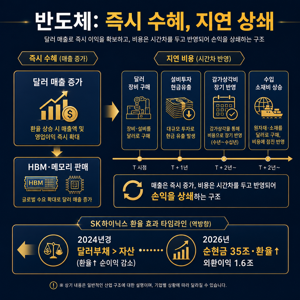 본문용 반도체 손익 상쇄 도표. 제목 '반도체: 즉시 수혜, 지연 상쇄'. 좌측에는 '달러 매출 증가' 박스와 HBM·메모리 판매 화살표. 우측에는 '달러 장비 구매', '설비투자 현금유출', '감가상각비 장기 반영', '수입 소재비 상승' 박스를 시간축에 따라 배치. 하단에는 SK하이닉스 '2024년경 달러부채>자산(환율↑ 순이익 감소) → 2026년 순현금 35조·환율↑ 외환이익 1.6조'로 뒤집힌 반전 타임라인 박스. 모든 라벨·주석 한글.
