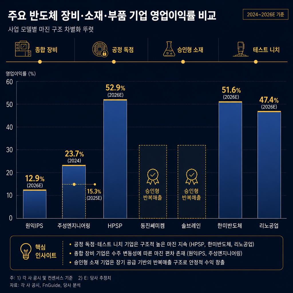 7종목 마진 구조 비교 막대그래프. X축 기업명(원익IPS, 주성엔지니어링, HPSP, 동진쎄미켐, 솔브레인, 한미반도체, 리노공업), Y축 영업이익률(%). 실제 수치가 있는 기업은 2024 또는 2026E 기준으로 표기: 원익IPS 12.9%(2026E), 주성 23.7%(2024) 또는 15.3%(2025E) 보조 표기, HPSP 52.9%(2026E), 한미 51.6%(2026E), 리노 47.4%(2026E). 동진·솔브레인은 수익률 수치 대신 ‘승인형 반복매출’ 라벨 박스. 상단에 ‘종합 장비 vs 공정 독점 vs 승인형 소재 vs 테스트 니치’ 네 가지 분류. 모든 텍스트·축·범례 한글.