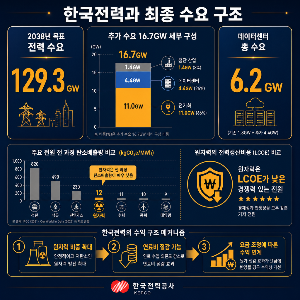 '한국전력과 최종 수요 구조' 차트형 인포그래픽. 좌측에 2038년 목표 전력수요 129.3GW 큰 숫자 카드. 가운데 누적 막대그래프로 추가수요 16.7GW 구성: 전기화 11.0GW, 데이터센터 4.4GW, 첨단산업 1.4GW. 우측에 데이터센터 총수요 6.2GW 카드. 하단 비교 차트로 주요 발전원 전 사업주기 탄소배출량에서 원자력 약 12kg/MWh 강조, LCOE는 원자력이 낮은 수준이라는 질적 비교 아이콘. 맨 아래에 한국전력 손익 메커니즘 화살표: 원전 비중 확대→연료비 절감 가능→요금 조정 여부에 따라 이익 연결. 모든 라벨 한글.