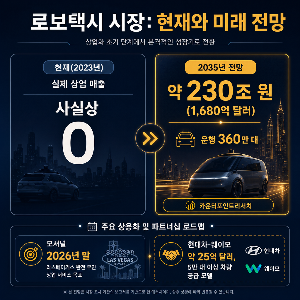 로보택시 시장의 전망과 현실 비교 차트. 좌측에는 ‘2023년 실제 상업 매출 사실상 0’을 굵게 표시, 우측에는 ‘글로벌 2035년 약 230조 원(1,680억 달러) 전망’을 막대그래프로 표시(출처 라벨: 카운터포인트리서치). 하단 타임라인에 ‘모셔널 2026년 말 라스베이거스 완전 무인 상업 서비스 목표’ 배치. 우측 보조 박스에 ‘현대차-웨이모 약 25억 달러, 5만 대 이상 차량 공급 모델’ 표기. 모든 라벨 한글.