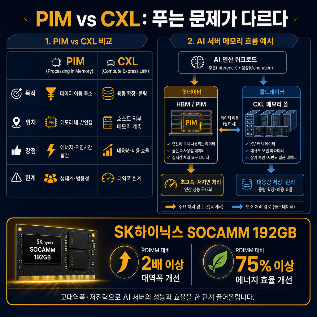 본문용 비교 도표. 제목 "PIM vs CXL: 푸는 문제가 다르다". 좌측 2열 비교표: PIM=목적(데이터 이동 축소), 위치(메모리 내부/인접), 강점(에너지·지연시간 절감), 한계(생태계·범용성); CXL=목적(용량 확장·풀링), 위치(호스트 외부 메모리 계층), 강점(대용량·비용 효율), 한계(대역폭 한계). 우측에는 실제 AI 서버 메모리 흐름 예시: HBM/PIM에 핫데이터, CXL에 KV 캐시/콜드데이터 배치. 하단에는 SK하이닉스 SOCAMM 192GB, RDIMM 대비 2배 이상 대역폭·75% 이상 에너지 효율 개선 박스. 모든 라벨 한글.