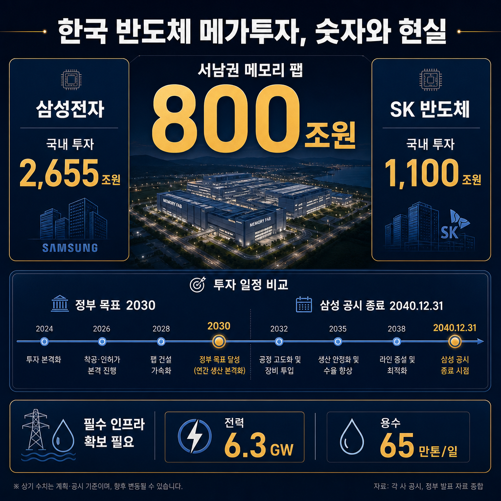 본문 데이터 인포그래픽. 제목 한국 반도체 메가투자, 숫자와 현실. 상단 큰 숫자 서남권 메모리 팹 800조원. 좌측 카드에 삼성전자 국내 투자 2,655조원, 우측 카드에 SK 반도체 1,100조원. 하단 타임라인에 정부 목표 2030 vs 삼성 공시 종료 2040.12.31 비교. 별도 박스로 인프라 필요량 전력 6.3GW, 용수 65만톤/일. 모든 텍스트 한글.