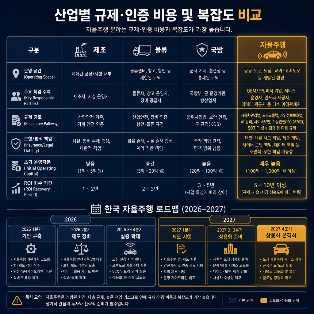 응용처별 규제·인증 비용 비교 표. 열은 제조, 물류, 국방, 자율주행. 행은 운영 공간, 주요 책임 주체, 규제 경로, 보험/법적 책임, 초기 운영자본, ROI 회수 기간. 자율주행 열만 amber로 강조하여 비용과 복잡성이 가장 높게 보이도록 설계. 하단에 한국 자율주행 로드맵 2026~2027 타임라인 삽입. 모든 텍스트 한글.