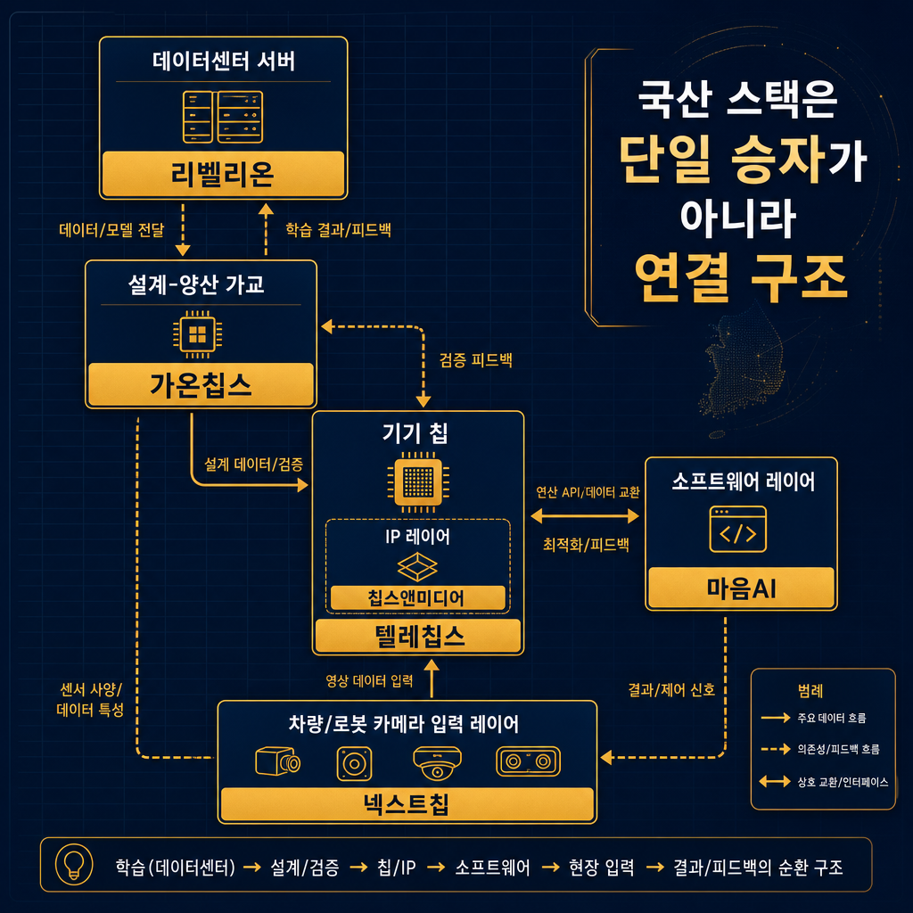 국내 피지컬AI 대안 스택 연결도. 좌측 상단 데이터센터 서버 박스에 리벨리온, 그 아래 설계-양산 가교로 가온칩스, 중앙 기기 칩 박스에 텔레칩스, 칩 내부 IP 레이어로 칩스앤미디어, 우측 소프트웨어 레이어로 마음AI, 하단 차량/로봇 카메라 입력 레이어로 넥스트칩을 배치. 화살표로 데이터 흐름과 의존 관계를 연결. 오른쪽에는 '국산 스택은 단일 승자가 아니라 연결 구조'라는 한글 주석. 전문 기술 아키텍처 다이어그램 스타일.