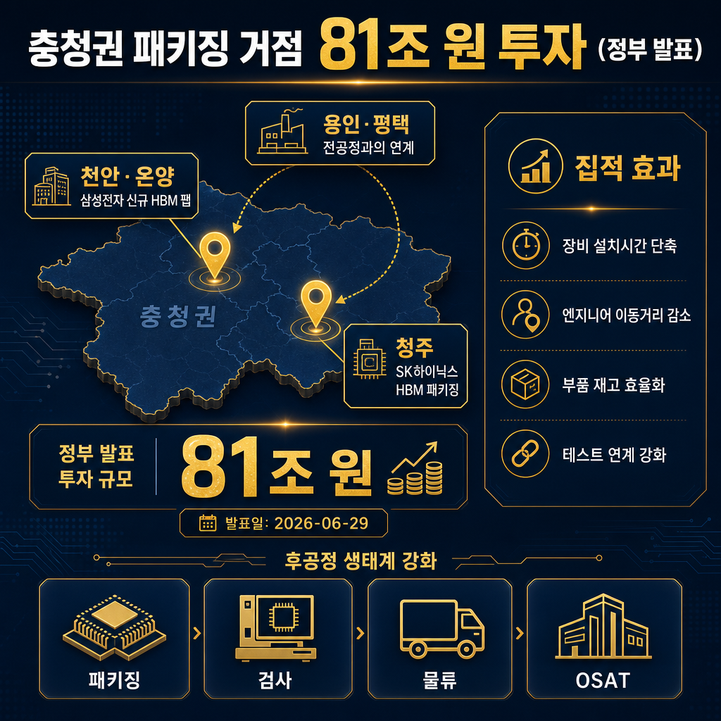충청권 패키징 클러스터 지도형 인포그래픽. 상단 대형 타이틀 '정부 발표: 충청권 패키징 거점 81조 원'. 지도 위에 '천안·온양: 삼성전자 신규 HBM 팹', '청주: SK하이닉스 HBM 패키징', '용인·평택과의 연계'를 선으로 연결(★개별 기업 56조·100조 숫자는 표기하지 말고 정부 발표 81조만 대형 수치로). 우측에는 집적 효과 박스 '장비 설치시간 단축, 엔지니어 이동거리 감소, 부품 재고 효율화, 테스트 연계 강화'. 하단에는 후공정 생태계 아이콘 '패키징·검사·물류·OSAT'. 모든 라벨 한글. 중심 거점은 amber, 연결망은 navy.