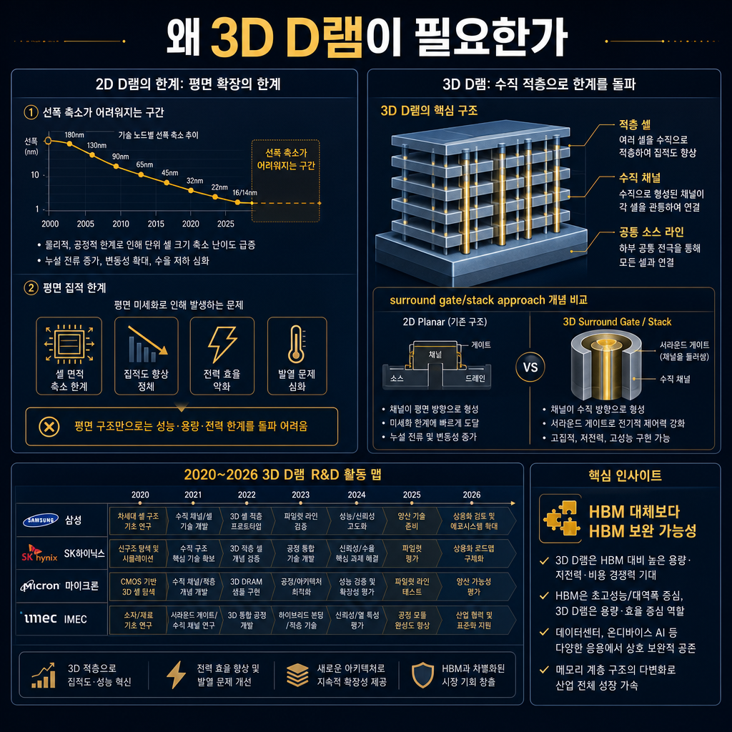 본문용 미래 기술 인포그래픽. 제목 "왜 3D D램이 필요한가". 좌측에는 2D 스케일링 한계 도식: 선폭 축소가 어려워지는 구간, 평면 집적 한계. 우측에는 3D D램 개념도: 수직 채널, 적층 셀, surround gate/stack approach 개념 비교를 단순화해 표시. 하단에는 "2020~2026 3D D램 R&D 활동 맵" 요약 박스: 삼성·SK하이닉스·마이크론·IMEC 언급, 그리고 "HBM 대체보다 HBM 보완 가능성" 시사점. 모든 라벨 한글.