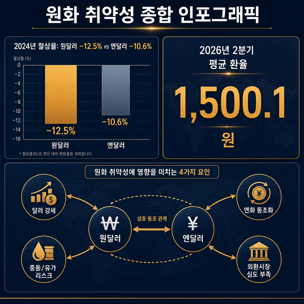 원화 취약성 종합 인포그래픽. 상단 좌측 '2024년 절상율: 원달러 −12.5% vs 엔달러 −10.6%' 비교 막대. 상단 우측 '2026년 2분기 평균 환율 1,500.1원' 숫자 카드 하나. 하단 4개 요인 네트워크: 달러 강세·엔화 동조화·중동/유가 리스크·외환시장 심도 부족(원달러·엔달러 동조화 화살표 포함). ★가이드에 없는 수치(예: 2025년 평균 환율 1,404.6원, 상승률 %, 상관계수 0.86 등)를 지어내지 말 것 — 위에 적힌 숫자만 사용. 모든 텍스트 한글.