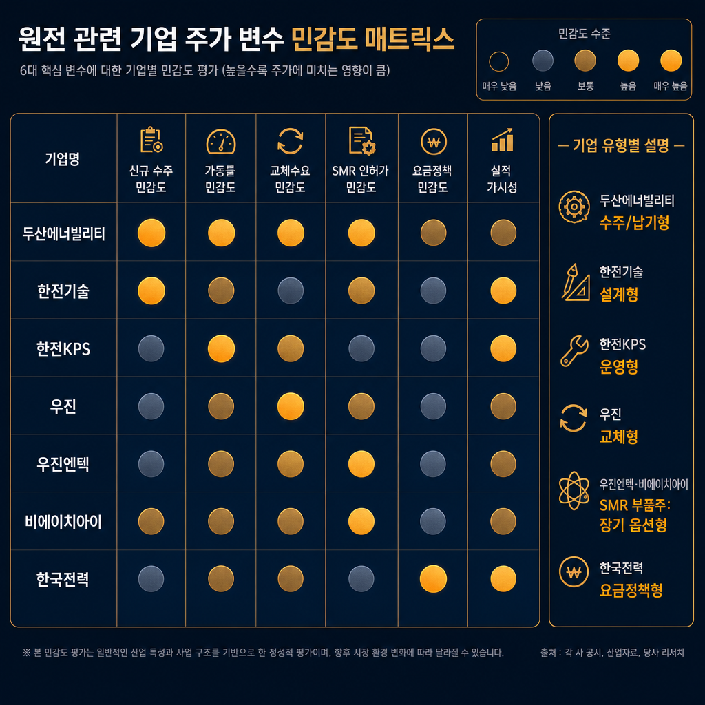 '원전 관련주별 주가 변수 매트릭스' 표형 인포그래픽. 행에는 두산에너빌리티, 한전기술, 한전KPS, 우진, 우진엔텍, 비에이치아이, 한국전력. 열에는 '신규 수주 민감도 / 가동률 민감도 / 교체수요 민감도 / SMR 인허가 민감도 / 요금정책 민감도 / 실적 가시성' 6개 항목. 각 칸은 원형 점수나 색상 강도로 표시. 우측에 짧은 해설: 두산=수주/납기형, 한전기술=설계형, 한전KPS=운영형, 우진=교체형, SMR 부품주=장기 옵션형, 한국전력=요금정책형. 모든 라벨 한글.