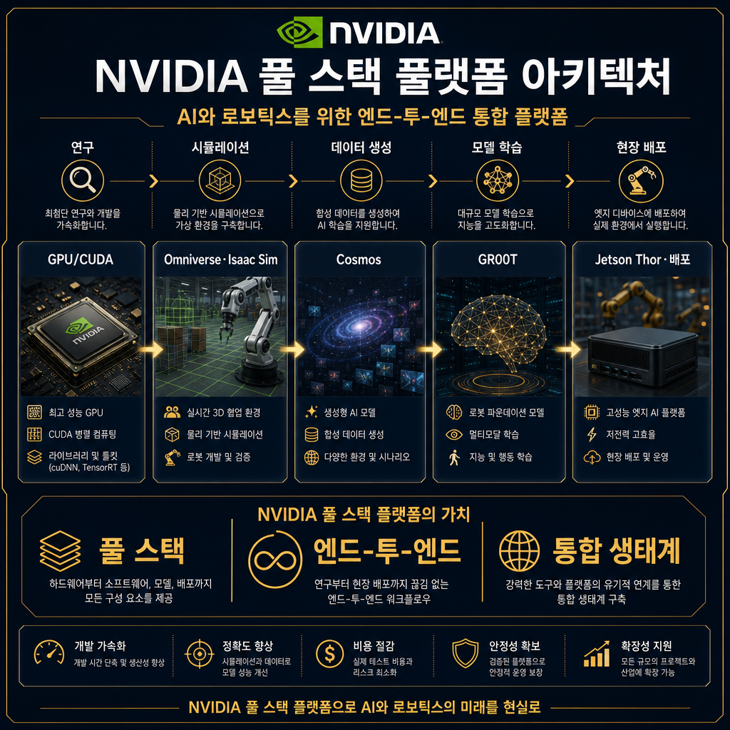 엔비디아 풀스택 플랫폼 구조도. 좌측부터 GPU/CUDA, Omniverse·Isaac Sim, Cosmos, GR00T, Jetson Thor·배포 순으로 연결된 파이프라인. 상단에 연구→시뮬레이션→데이터 생성→모델 학습→현장 배포 단계 표시. 하단에 full stack, end-to-end, 통합 생태계 키워드 강조. 모든 라벨 한글.