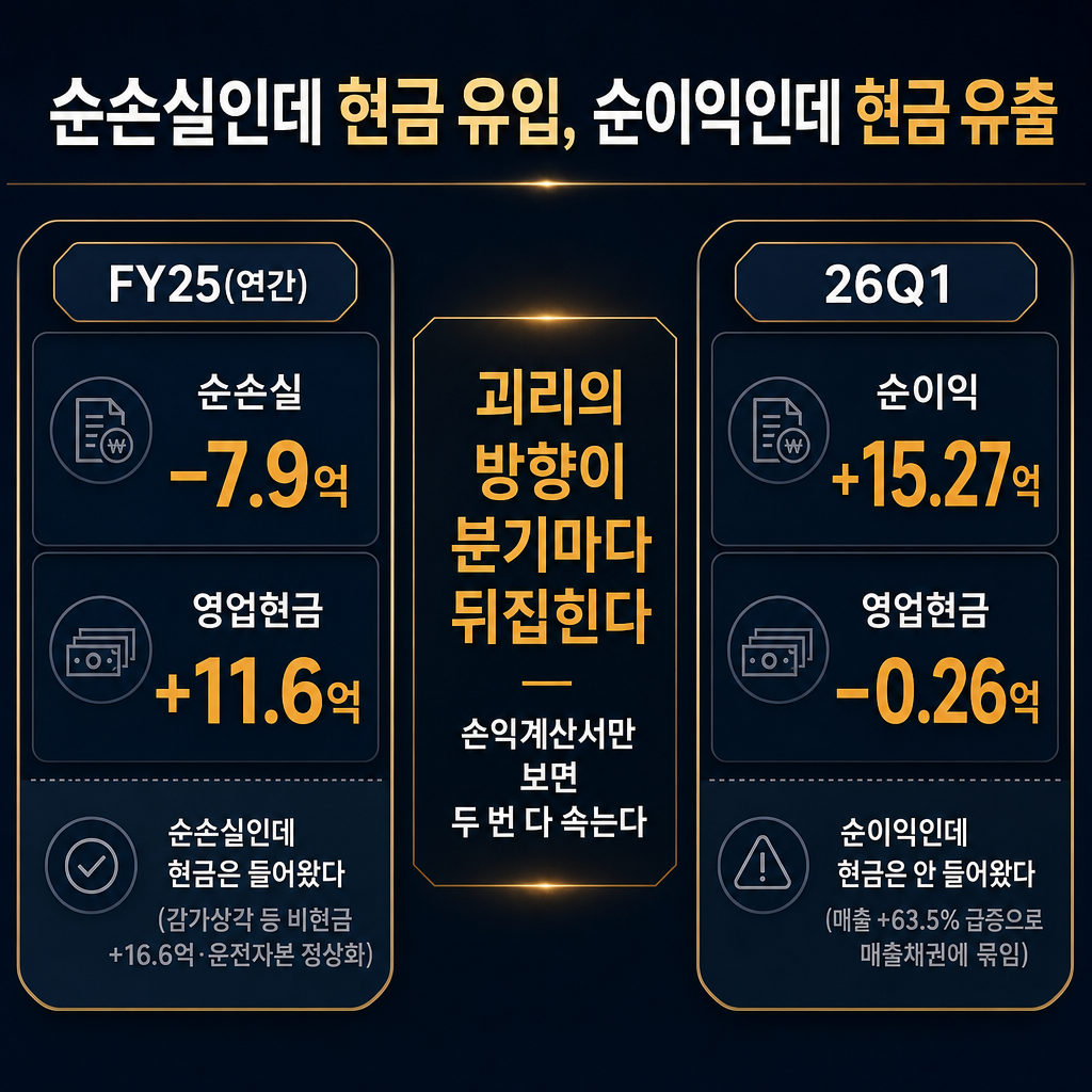 우리로 '손익과 현금의 괴리 — 방향이 뒤집히는 두 장면' 비교 카드(추이 차트 금지, 숫자 카드만). 왼쪽 카드 묶음 'FY25(연간): 순손실 −7.9억 vs 영업현금 +11.6억 → 순손실인데 현금은 들어왔다(감가상각 등 비현금 +16.6억·운전자본 정상화)'. 오른쪽 카드 묶음 '26Q1: 순이익 +15.27억 vs 영업현금 −0.26억 → 순이익인데 현금은 안 들어왔다(매출 +63.5% 급증으로 매출채권에 묶임)'. 가운데 크게 '괴리의 방향이 분기마다 뒤집힌다 — 손익계산서만 보면 두 번 다 속는다'. ★적은 숫자(−7.9/+11.6/+16.6/+15.27/−0.26/+63.5%)만 쓰고 다른 숫자 금지. 막대·꺾은선 금지. 모든 라벨 한글. 제목 '순손실인데 현금 유입, 순이익인데 현금 유출'. navy 배경, amber 강조, slate gray 보조.