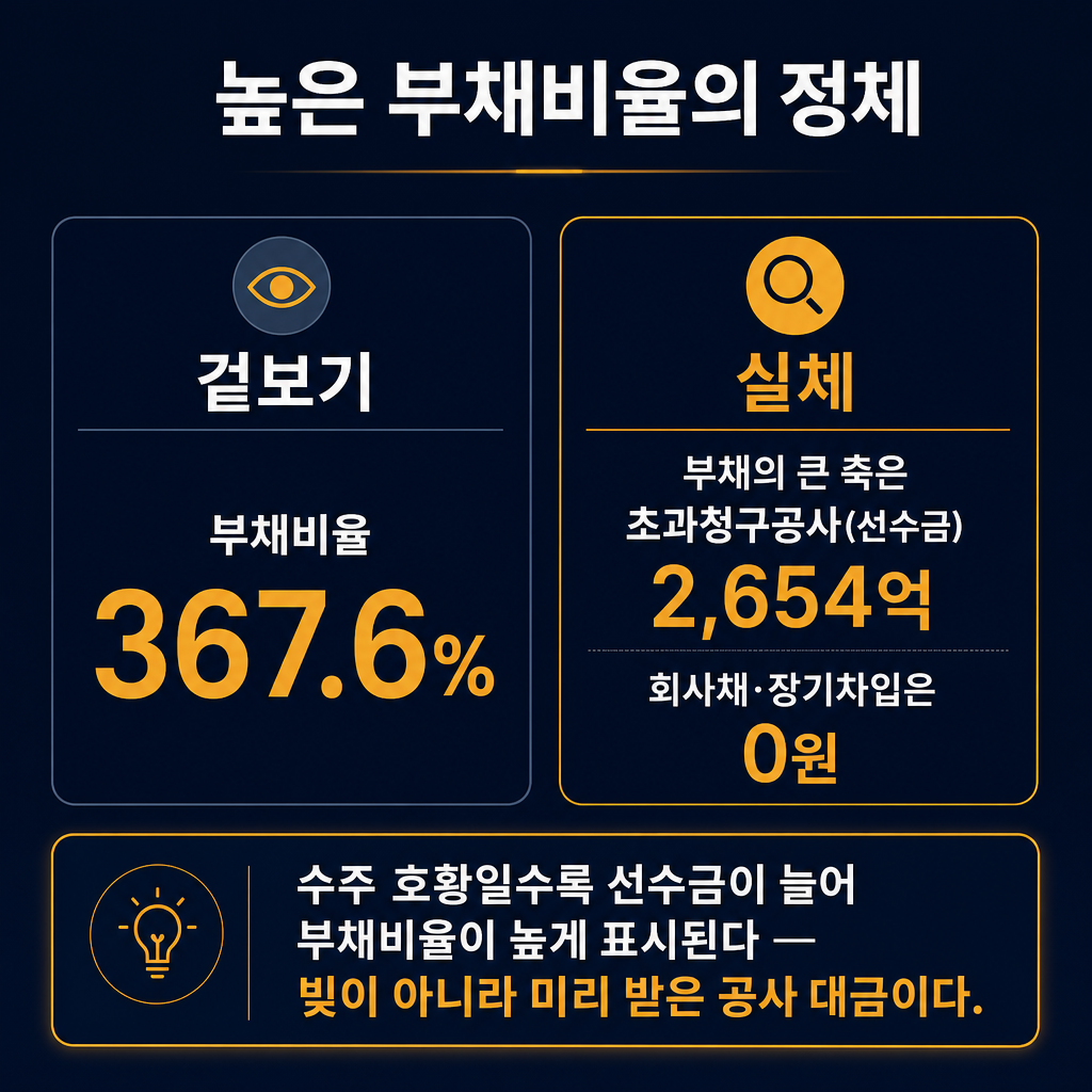 비에이치아이 '부채비율 367%는 위험이 아니라 수주 선수금' 2면 대비 카드(추이 라인차트 절대 금지, 대비 카드만). 왼쪽 deep red 톤 카드 '겉보기 — 부채비율 367.6%'. 오른쪽 amber 카드 '실체 — 부채의 큰 축은 초과청구공사(선수금) 2,654억, 회사채·장기차입은 0원'. 가운데 아래 강조 밴드 '수주 호황일수록 선수금이 늘어 부채비율이 높게 표시된다 — 빚이 아니라 미리 받은 공사 대금이다'. ★적은 숫자(367.6%/2,654/0)만 쓰고 다른 숫자 창작 금지. 막대·꺾은선 금지, 대비 카드만. 모든 라벨 한글. 제목 '높은 부채비율의 정체'. navy 배경, amber 강조, slate gray 보조.