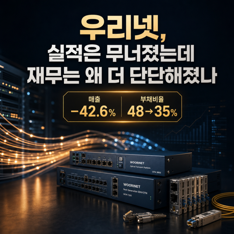 우리넷(115440), 매출 42% 급감인데 부채비율은 되레 개선 — ‘실적 붕괴’와 ‘재무 붕괴’를 가르는 법