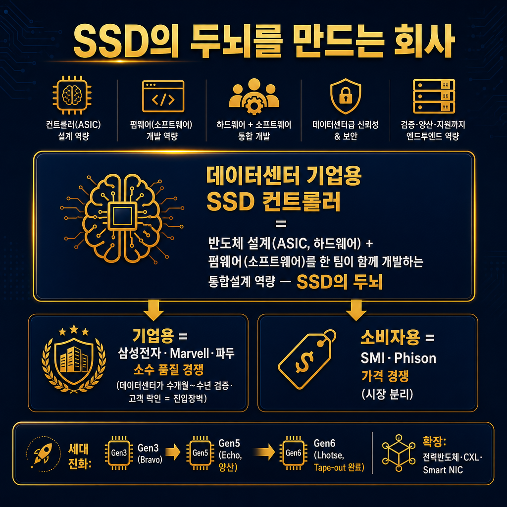 파두 '기술 해자 — SSD의 두뇌를 설계한다' 개념 도식(추이 라인차트 아님, 박스·아이콘 구성도). 중앙 큰 박스 '데이터센터 기업용 SSD 컨트롤러 = 반도체 설계(ASIC, 하드웨어) + 펌웨어(소프트웨어)를 한 팀이 함께 개발하는 통합설계 역량 — SSD의 두뇌'. 그 아래 좌우 2개 대비 박스: cyan 박스 '기업용 = 삼성전자·Marvell·파두 소수 품질 경쟁(데이터센터가 수개월~수년 검증·고객 락인 = 진입장벽)' vs 회색 박스 '소비자용 = SMI·Phison 가격 경쟁(시장 분리)'. 맨 아래 가로 밴드 '세대 진화: Gen3(Bravo) → Gen5(Echo, 양산) → Gen6(Lhotse, Tape-out 완료) · 확장: 전력반도체·CXL·Smart NIC'. 데이터 막대·라인 그래프 금지, 박스·화살표 구성도만. 모든 라벨 한글. 제목 'SSD의 두뇌를 만드는 회사'. navy 배경, cyan 강조, slate gray 보조로 통합설계 박스 강조.